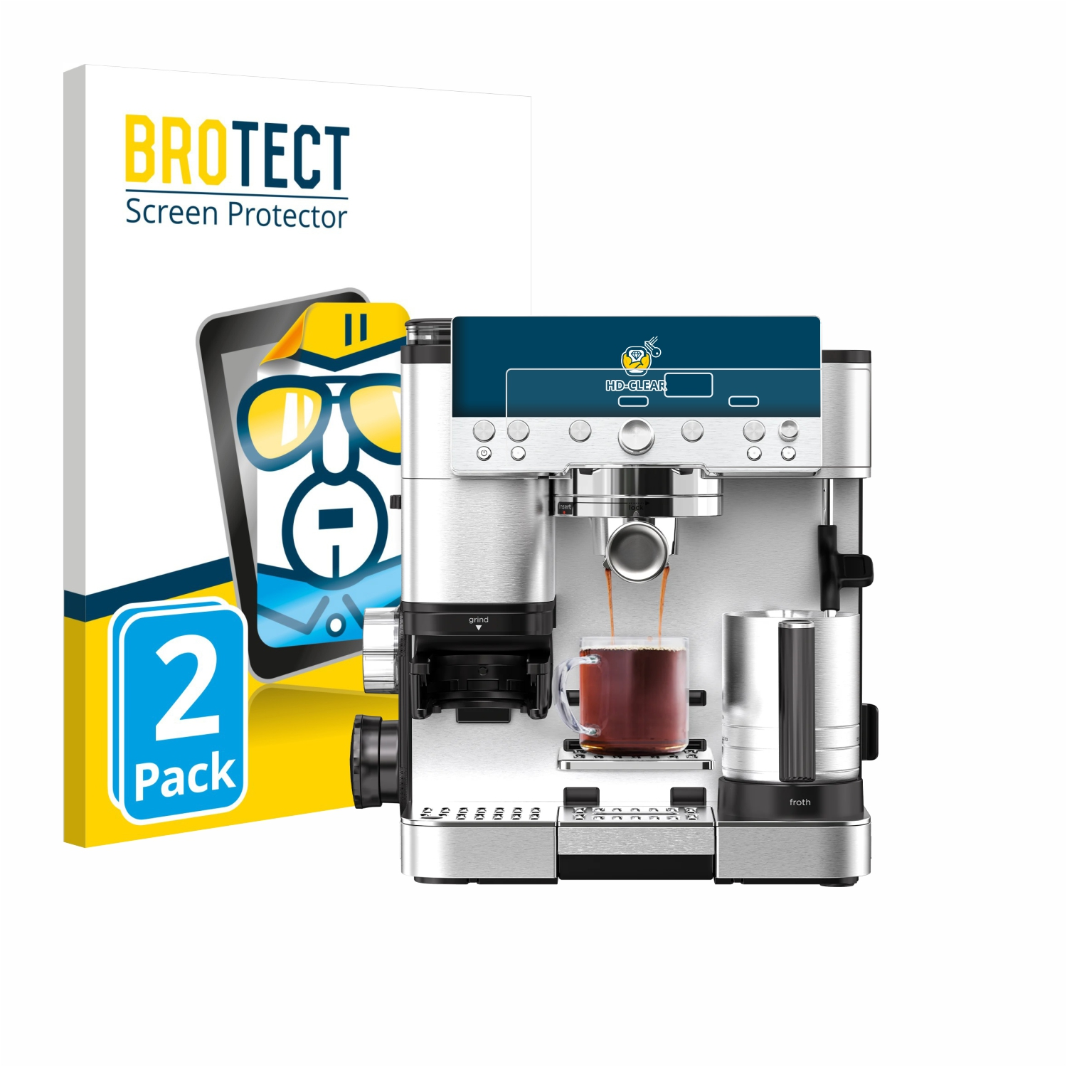 Eine Espressomaschine gießt Kaffee in eine Glastasse. Im Hintergrund befindet sich eine Displayschutzfolien-Box.