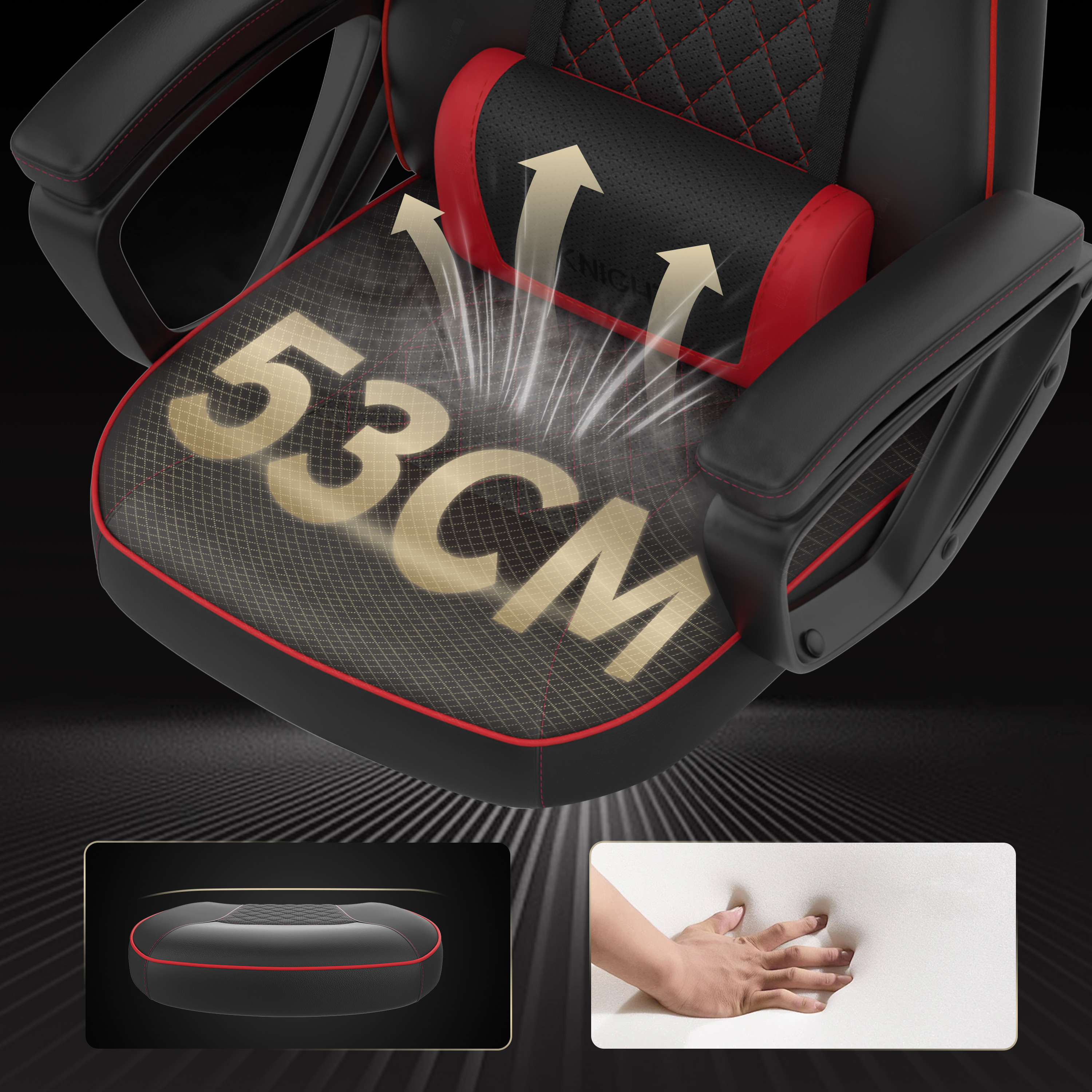 Chaise de jeu avec détails noirs et rouges. Comprend un graphique de mesure de 53 cm. Petites images de la base de la chaise et d'une main pressant de la mousse.