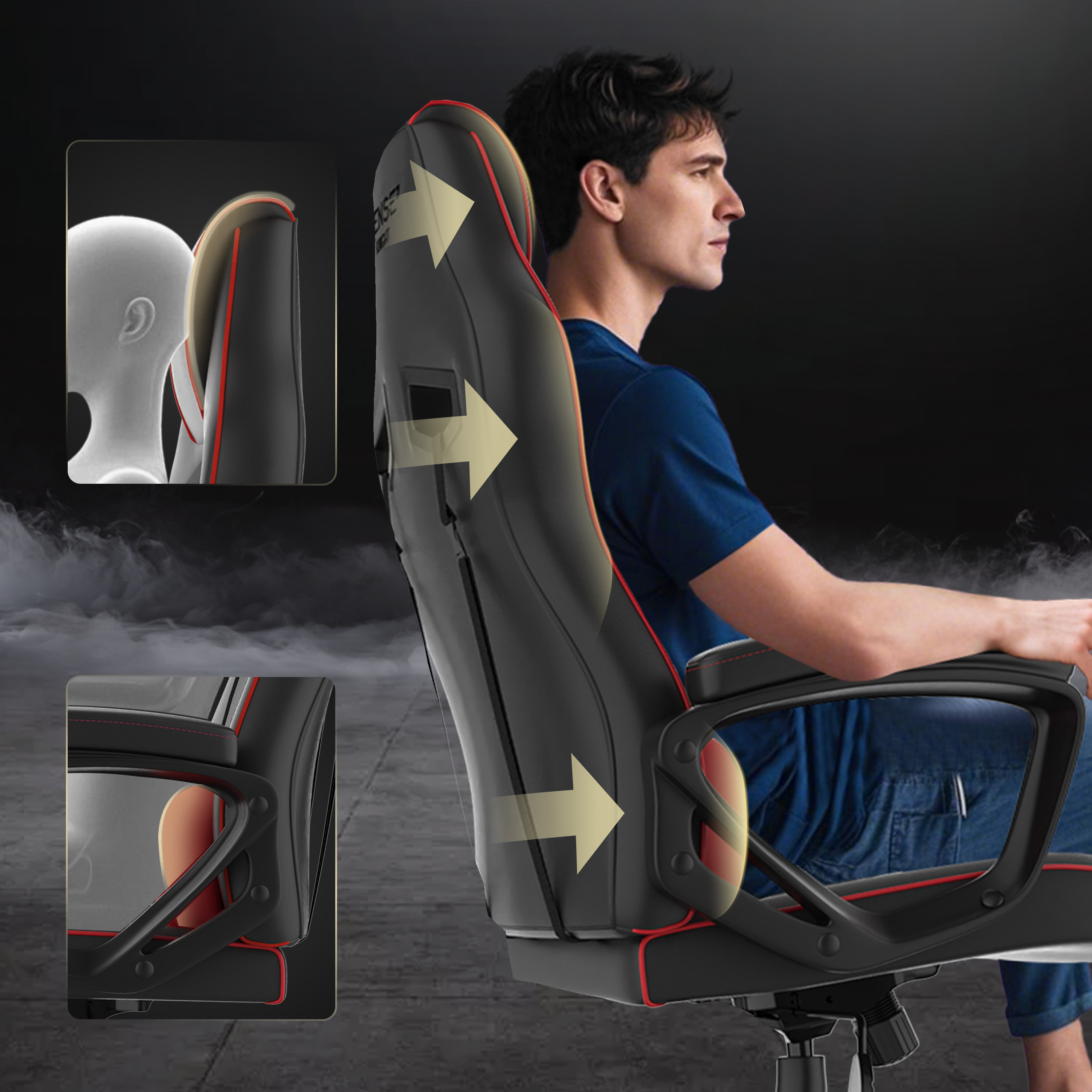 Homme assis sur une chaise de jeu noire. La chaise a des accents rouges et des flèches indiquant les points de réglage.