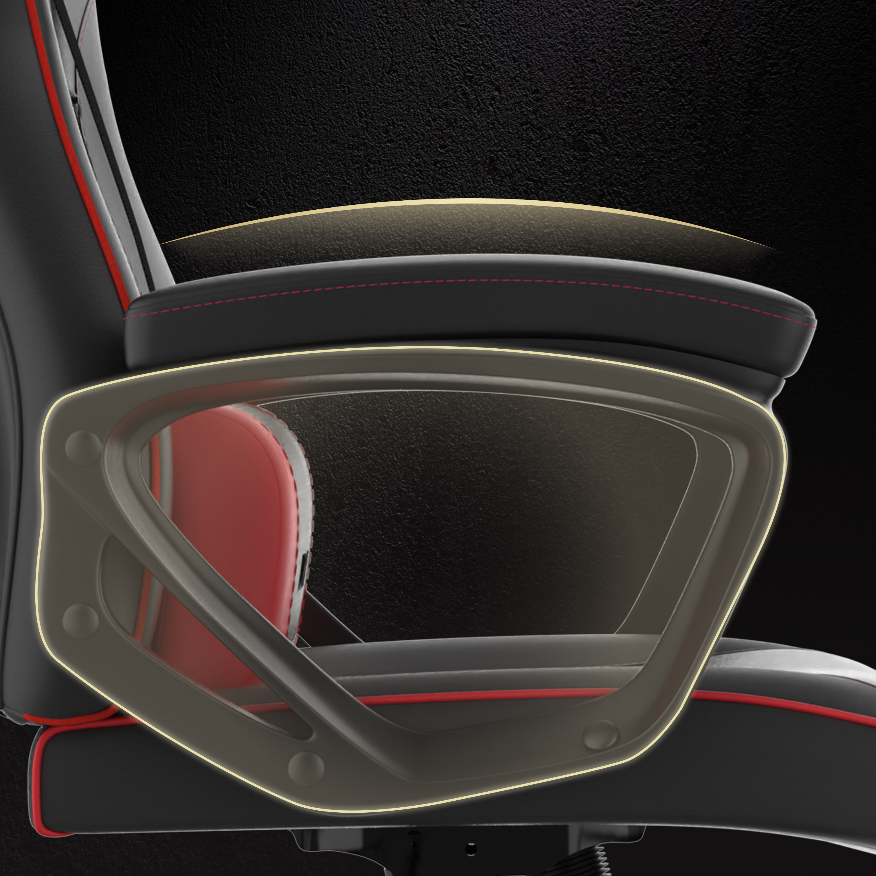 Gros plan sur une chaise de jeu. Elle est en cuir noir avec des touches et des coutures rouges. L'accoudoir a une structure métallique.