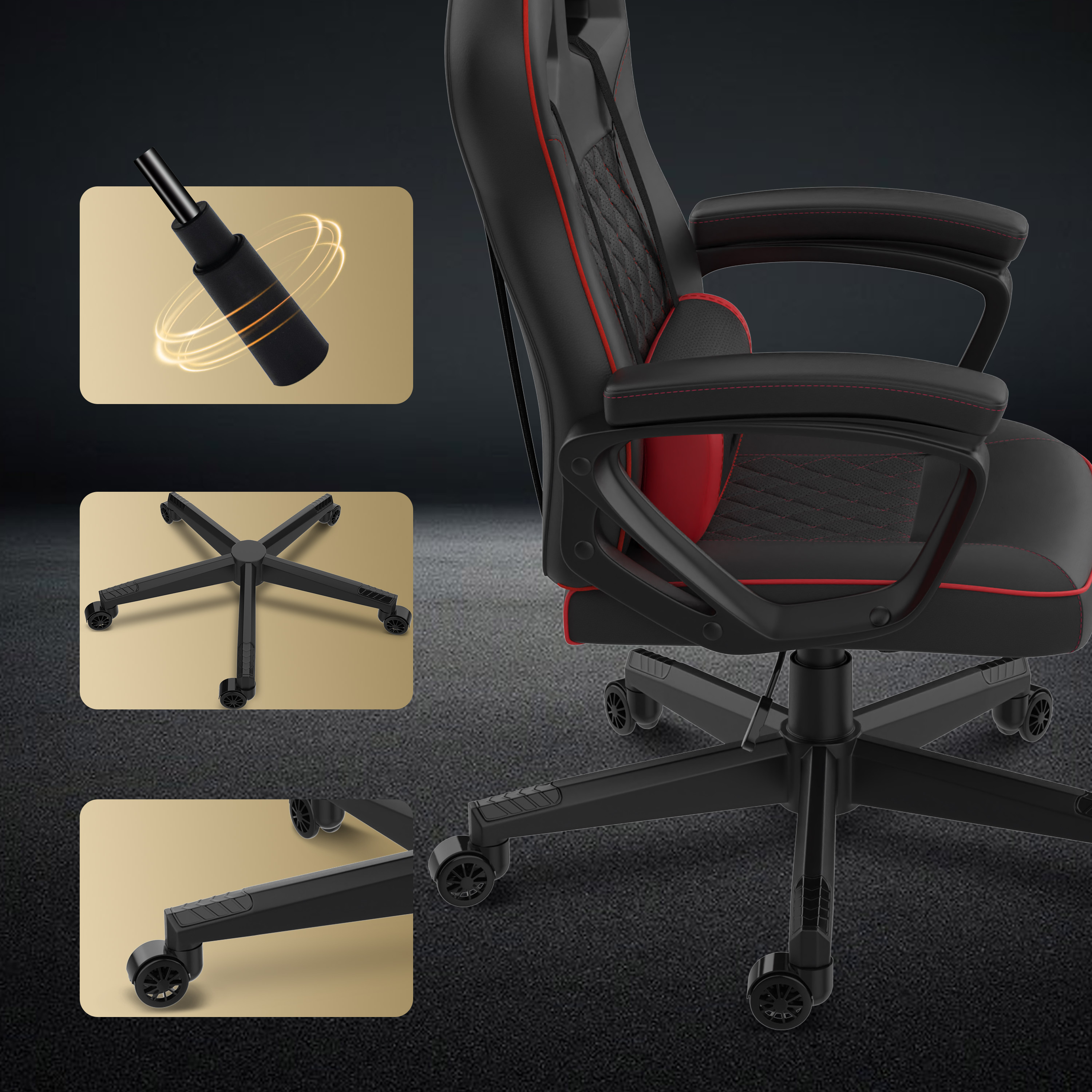 Chaise gaming avec détails noirs et rouges. Montre l'assise, les accoudoirs et les pieds avec roulettes. Vues détaillées des pièces.