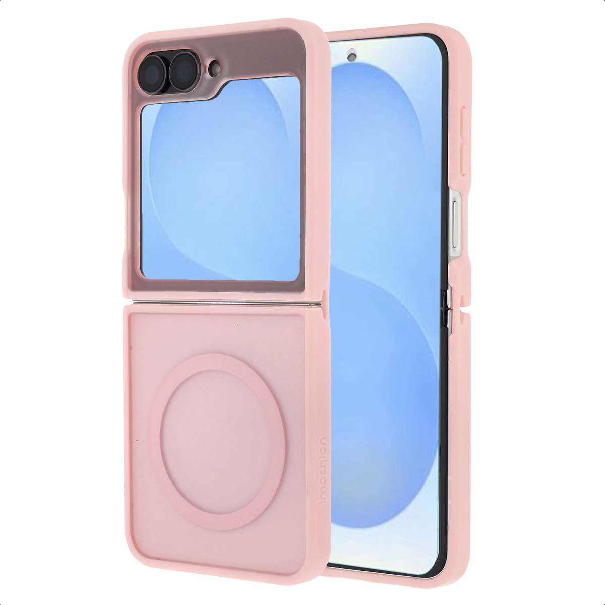 Een roze telefoonhoesje, open, toont de telefoon. Het heeft een ronde houder aan de onderkant. De bovenkant heeft camera-uitsparingen.