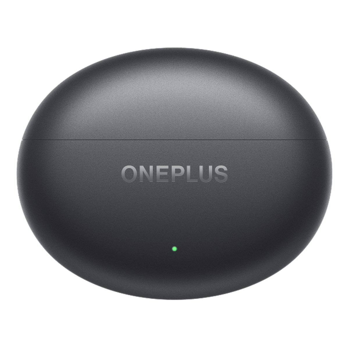 Koyu gri, oval şeklinde bir OnePlus kulaklık çantası. Ön tarafta "ONEPLUS" kelimesi kabartmalı. Yeşil bir ışık görülüyor.