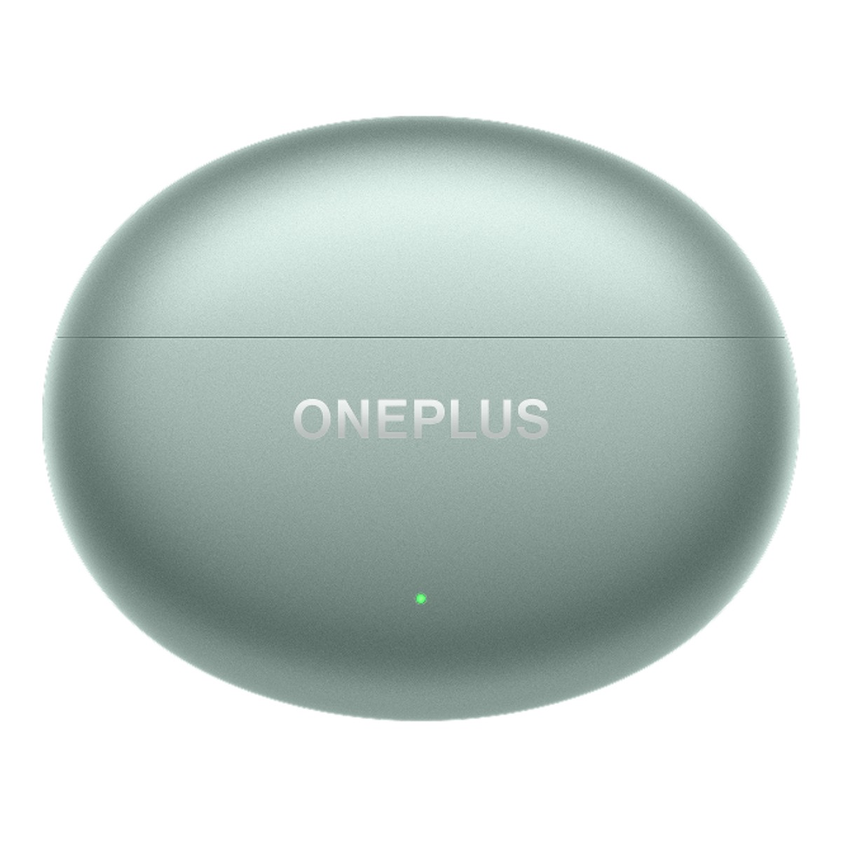 Nane yeşili bir OnePlus kulaklık çantası, oval şeklinde. 'ONEPLUS' kelimesi gümüş renkte basılmıştır. Küçük yeşil bir ışık görünür.