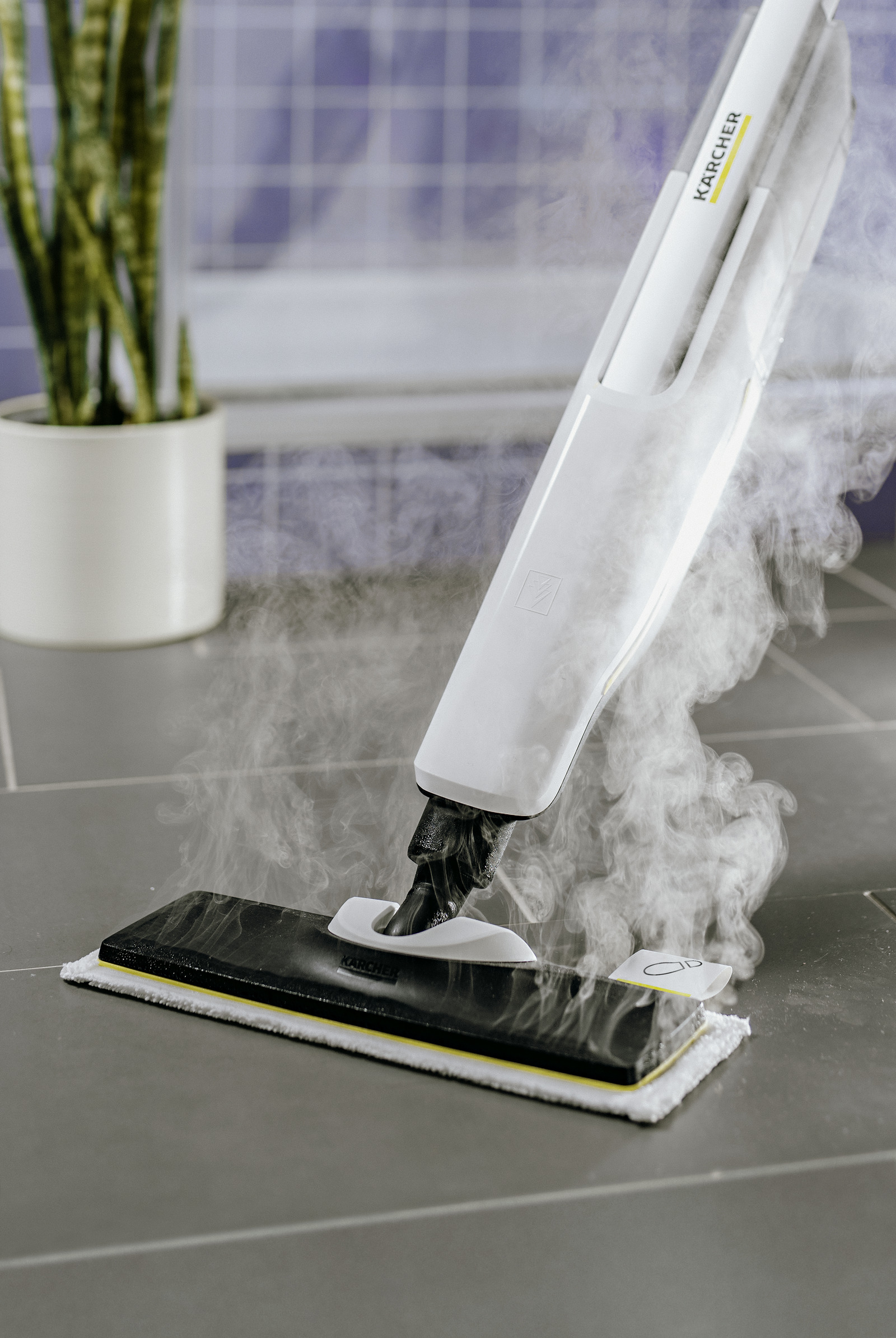 Biała myjka parowa czyści ciemnoszarą podłogę z płytek. Para jest widoczna. Roślina w tle.