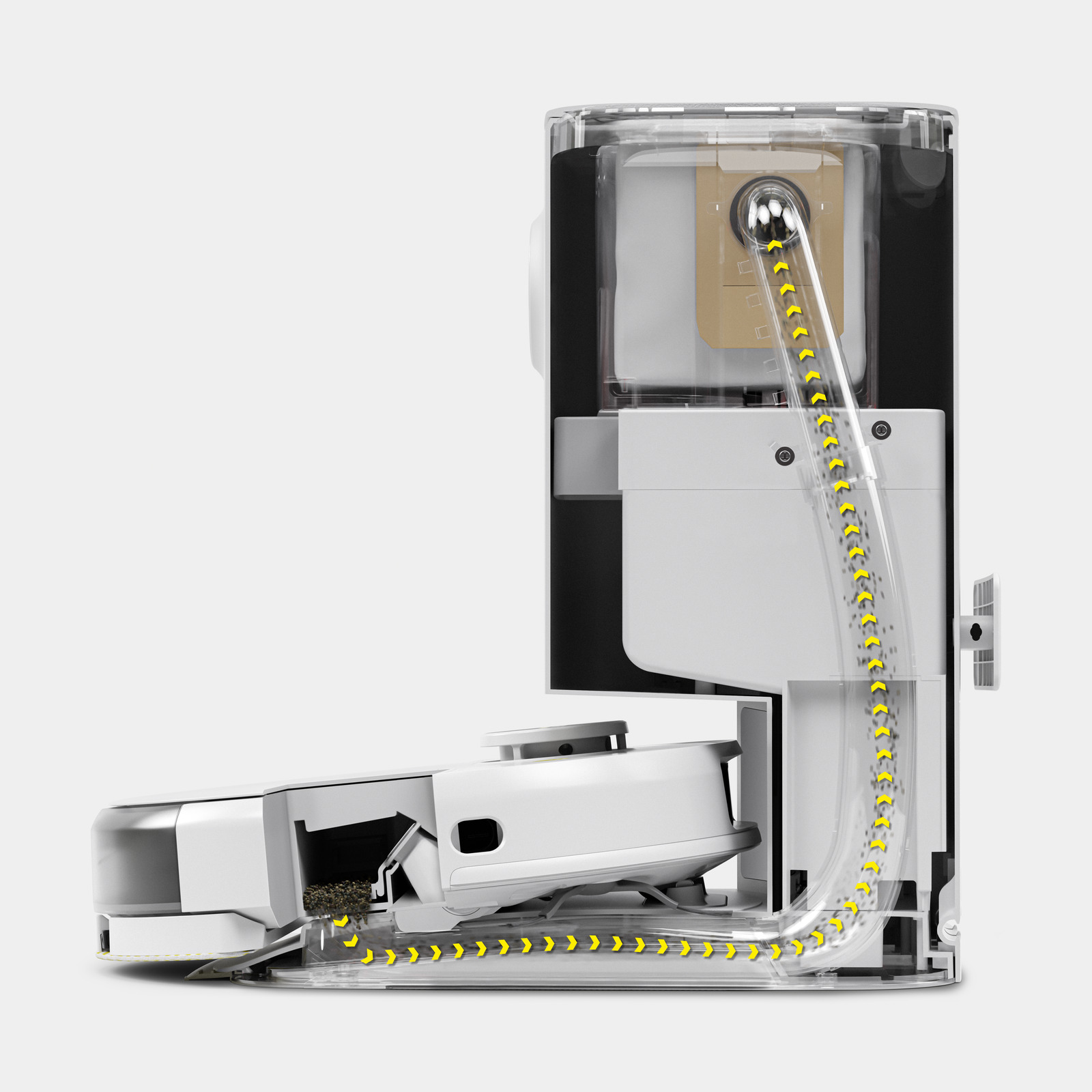 Widok przekrojowy białego robota odkurzającego pokazujący elementy wewnętrzne i ścieżkę brudu do worka na kurz. Żółte strzałki.