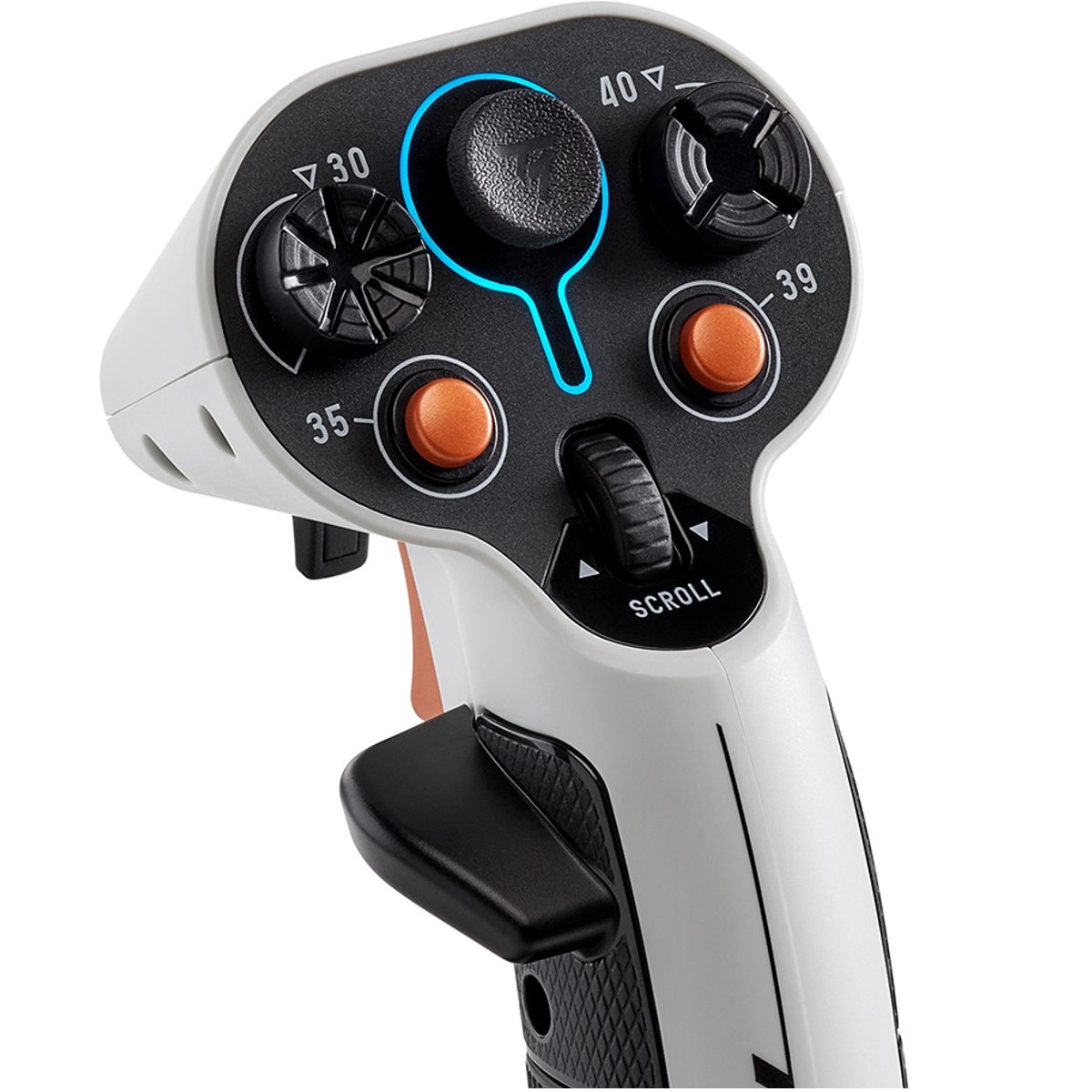 Ein weiß-schwarzer Joystick mit mehreren Knöpfen, Drehreglern und einem Auslöser. Orange und schwarze Akzente. Die Zahlen 30, 35, 39 und 40 sind sichtbar.