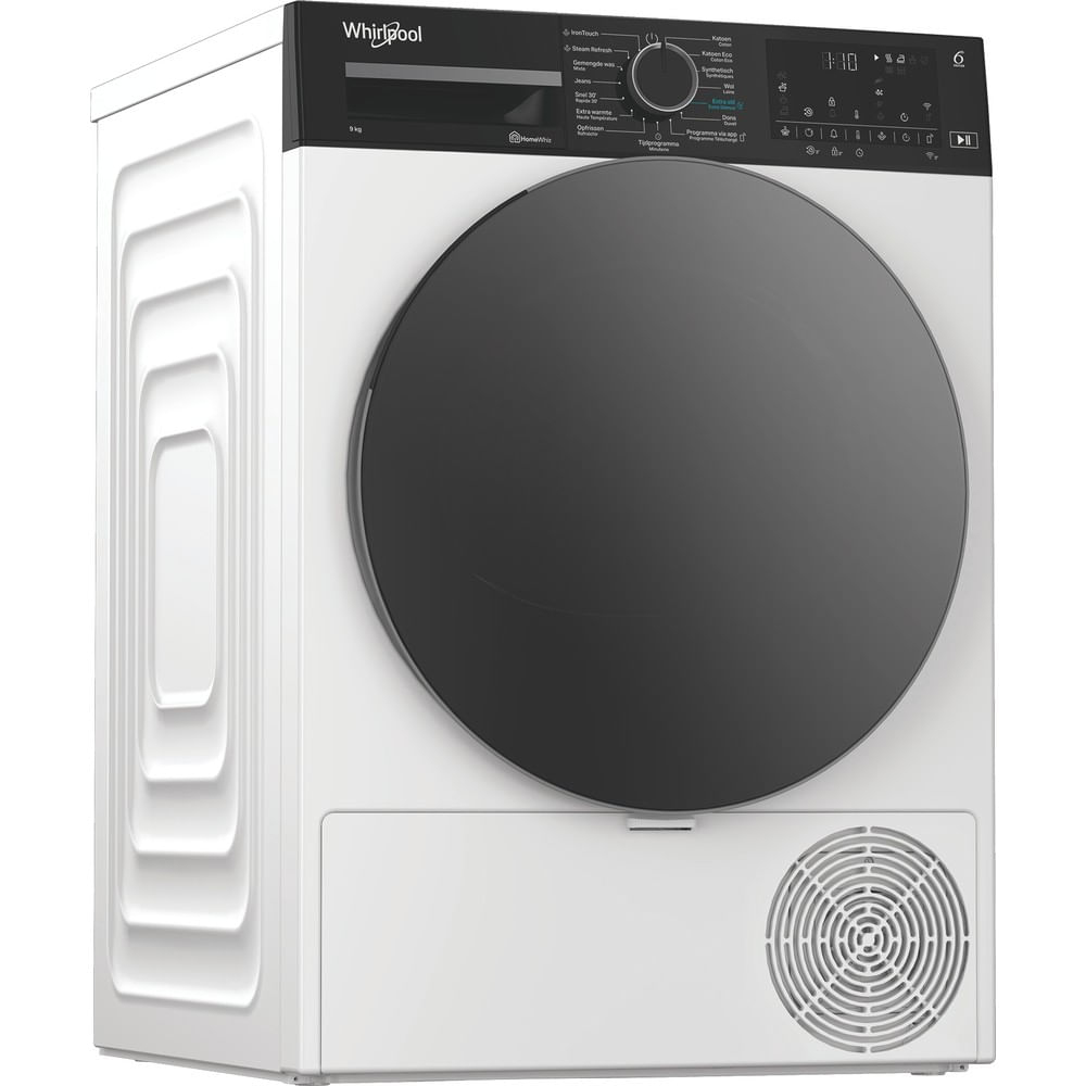 Una secadora Whirlpool blanca con puerta negra. Tiene pantalla digital y panel de control. Se ve una rejilla redonda en la parte inferior.