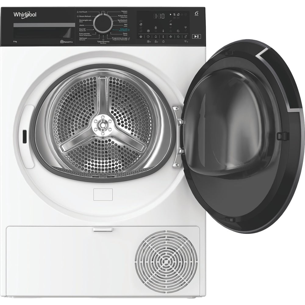 Una secadora Whirlpool blanca con la puerta abierta. El tambor interior es visible. Controles y pantalla en la parte superior.