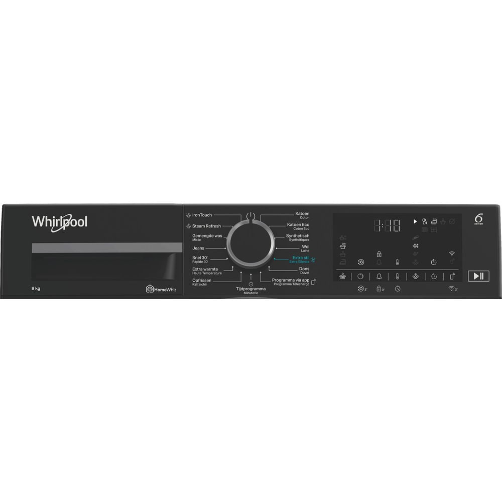 Panel de control de lavadora con botones y un dial. Muestra opciones como algodón, vaqueros y extra silencioso.