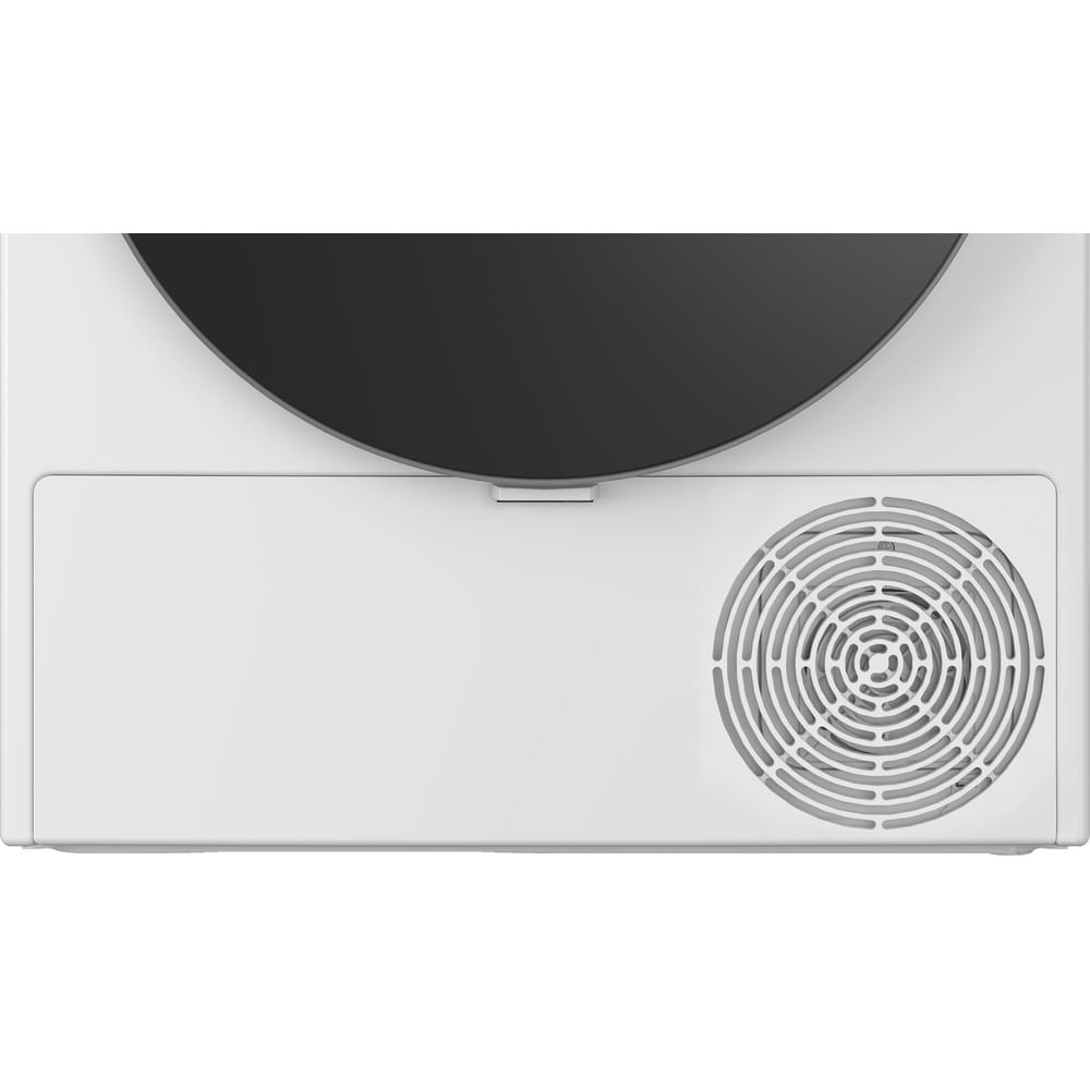 Vista superior de una secadora blanca. Tiene una puerta negra, un panel blanco y un ventilador circular.