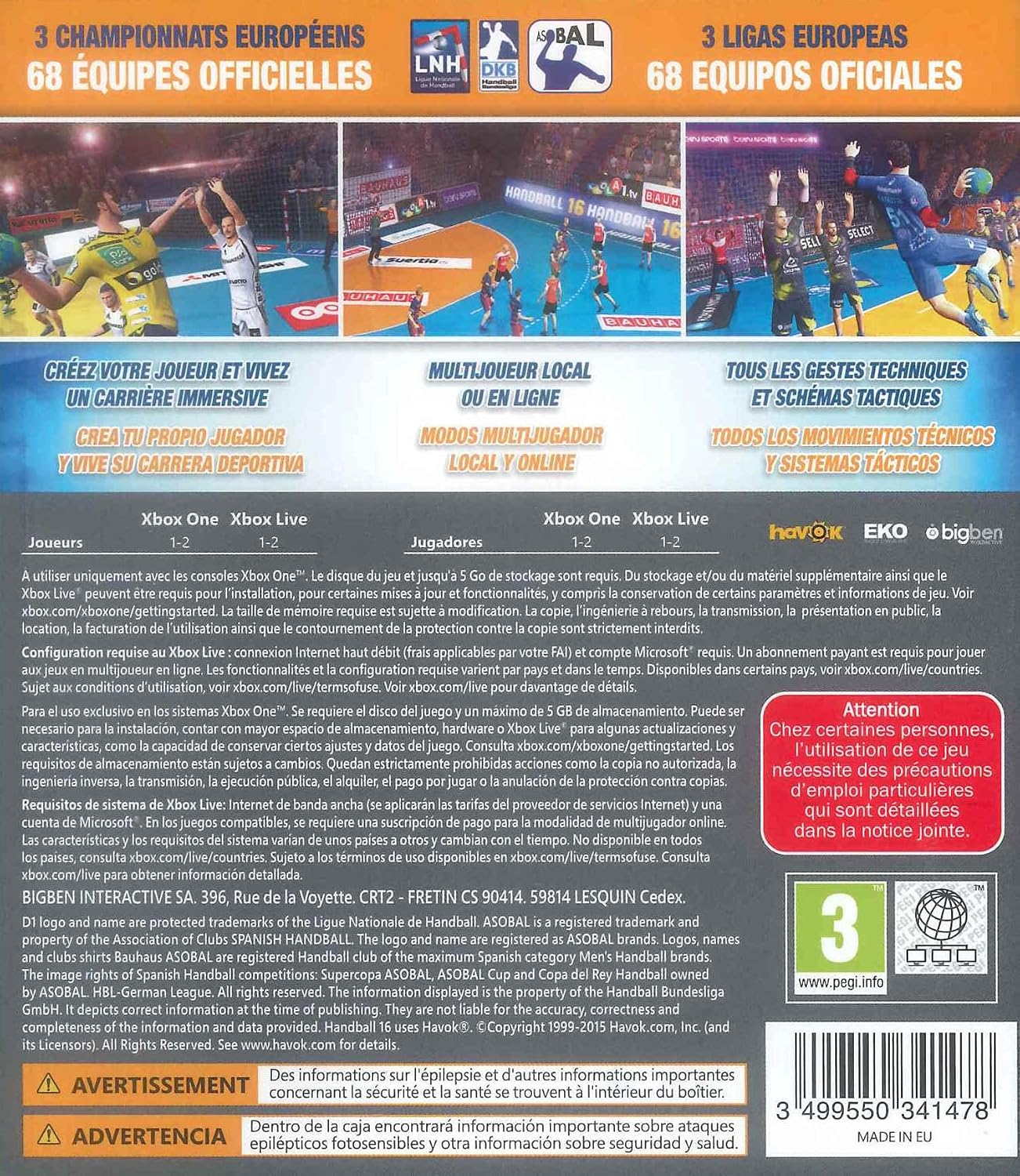 Pudełko z grą z zawodnikami piłki ręcznej, tekst w wielu językach i oceną PEGI 3.