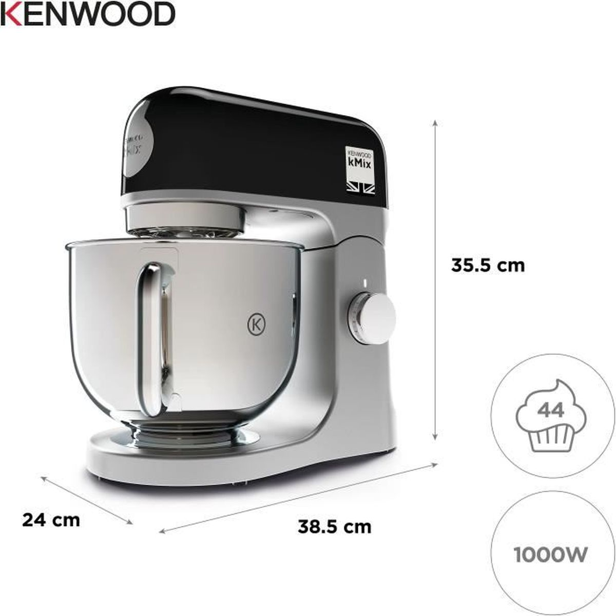 Ein Kenwood kMix Küchenmixer. Silbernes Gehäuse, schwarzer Deckel. Abmessungen: 24 cm x 38,5 cm x 35,5 cm. 1000W Leistung, Cupcake-Symbol.