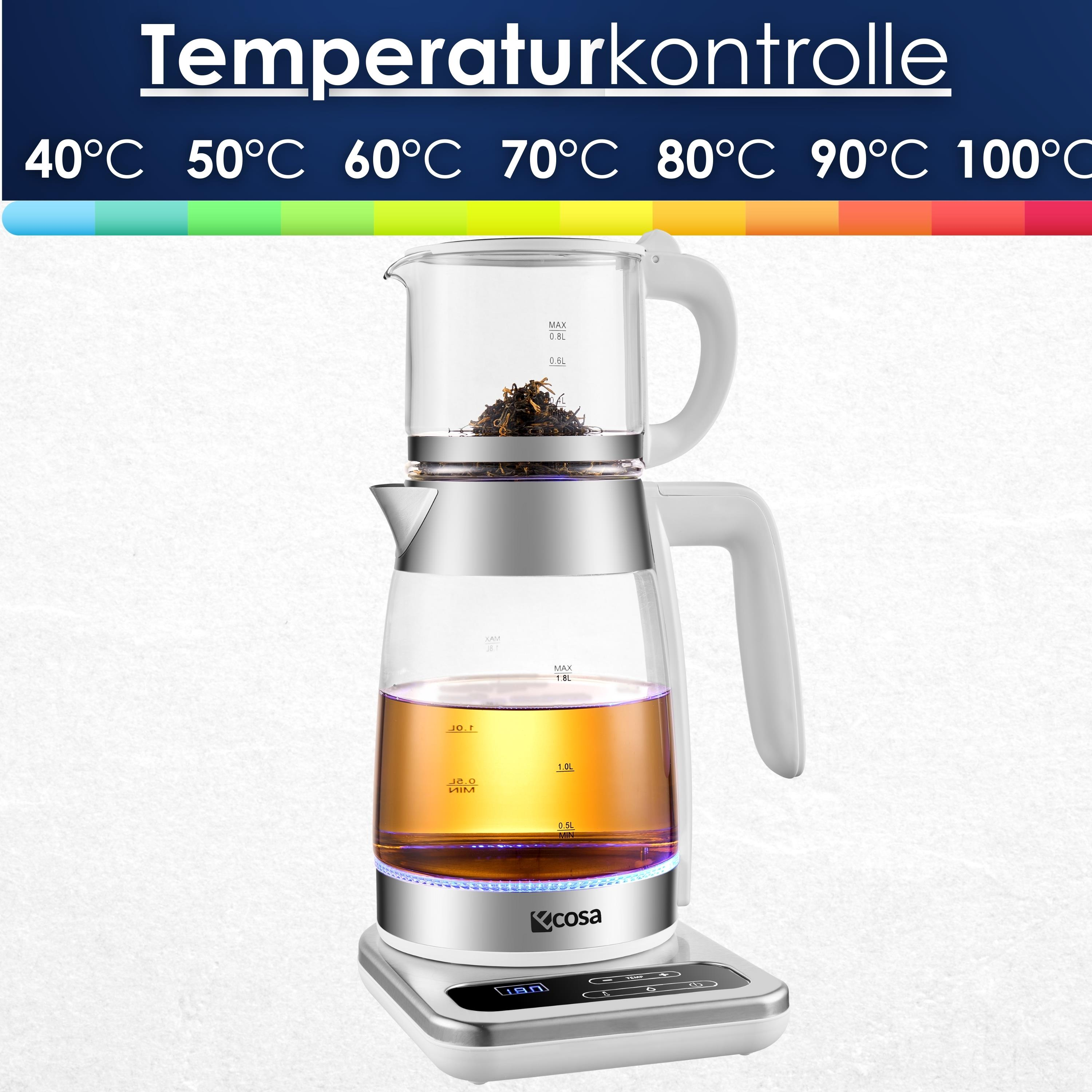 Ein Teekocher mit Temperaturregelung zeigt verschiedene Temperatureinstellungen an. Es hat einen Glaskrug und eine Basis.