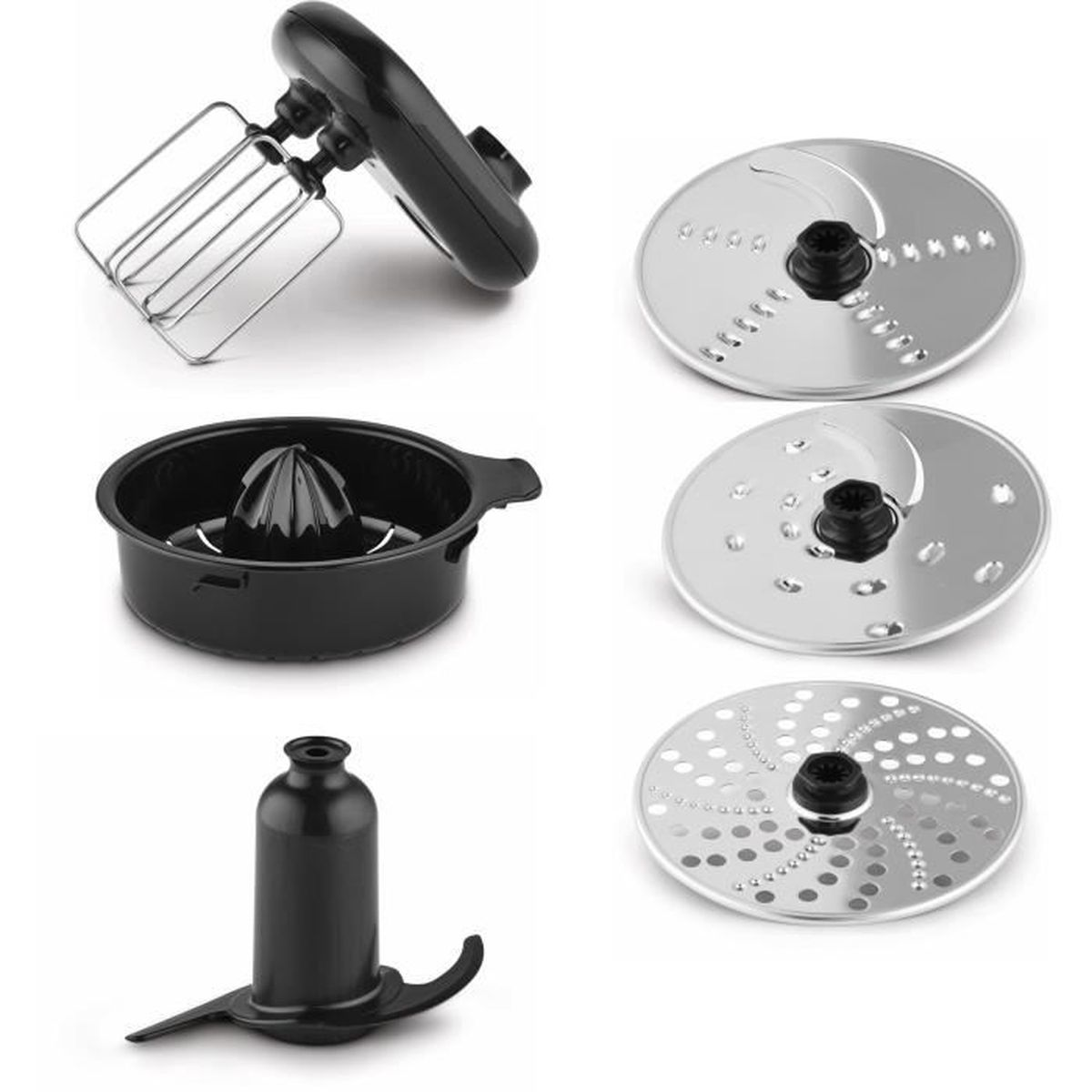 Image shows a food processor with blender, citrus juicer, blades, and a variety of slicing/grating disks, all on a white background.
