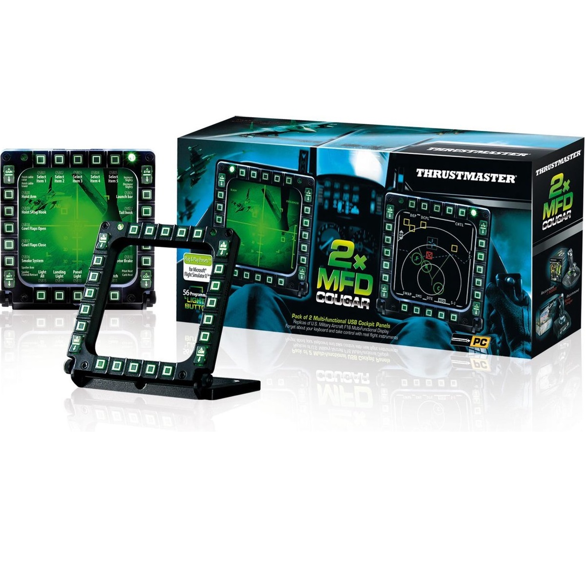 Una scatola Thrustmaster 2x MFD Cougar con pannelli per simulatore di volo. Un telaio nero davanti.