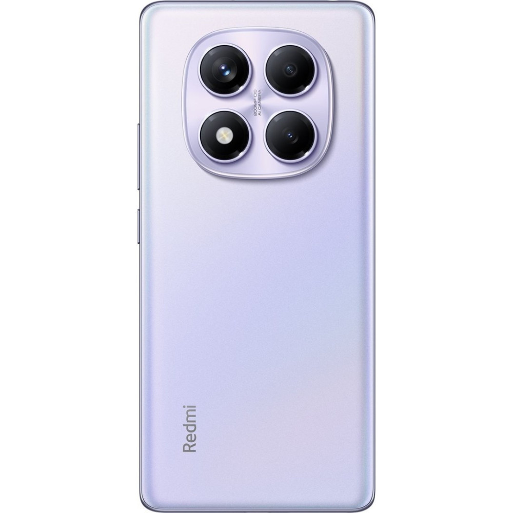 Widok z tyłu fioletowego telefonu Redmi. Ma cztery aparaty, lampę błyskową i logo Redmi.