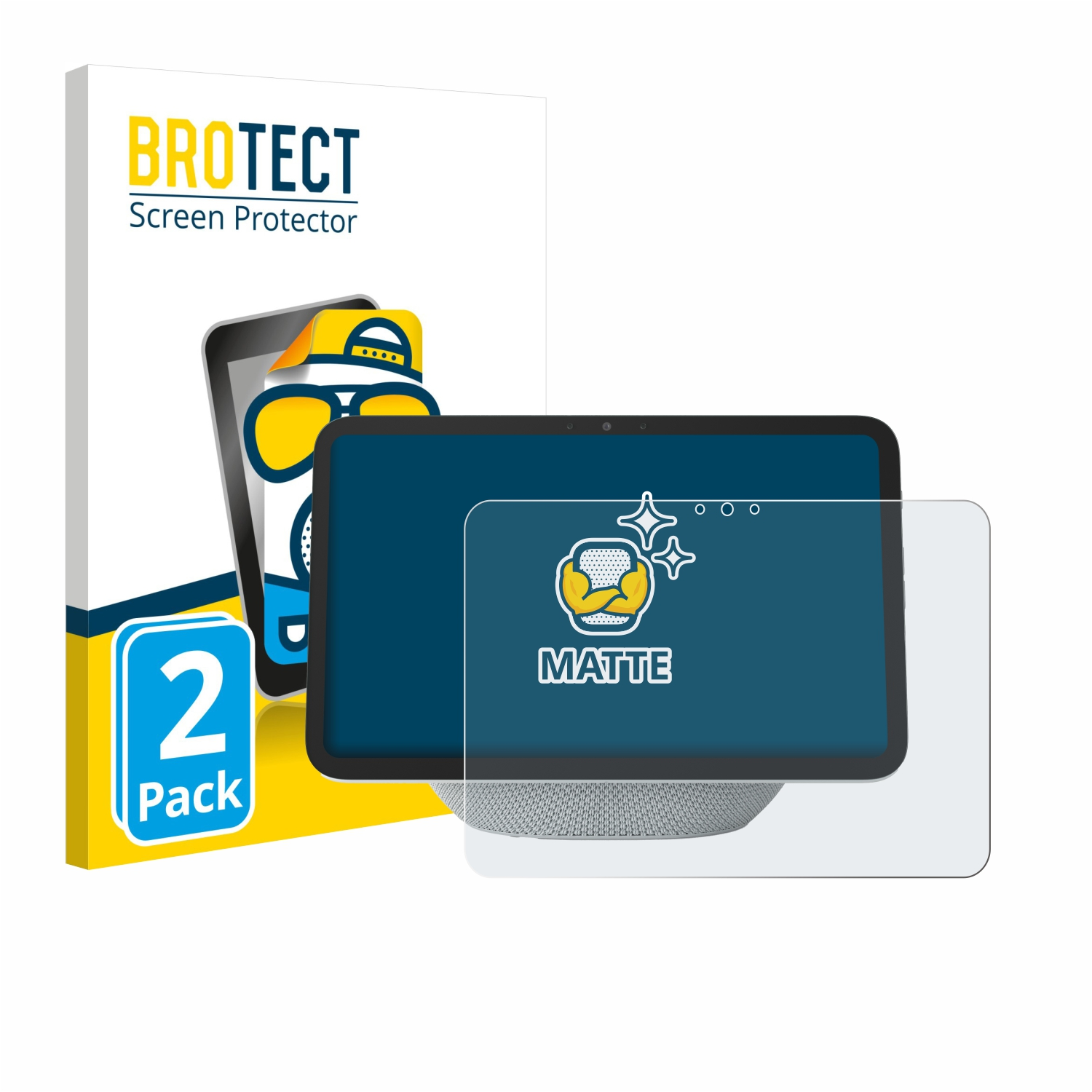 Eine Displayschutzbox mit einem Tablet und einer Displayschutzfolie. Auf der Box steht 'BROTECT Screen Protector' und '2er Pack'.