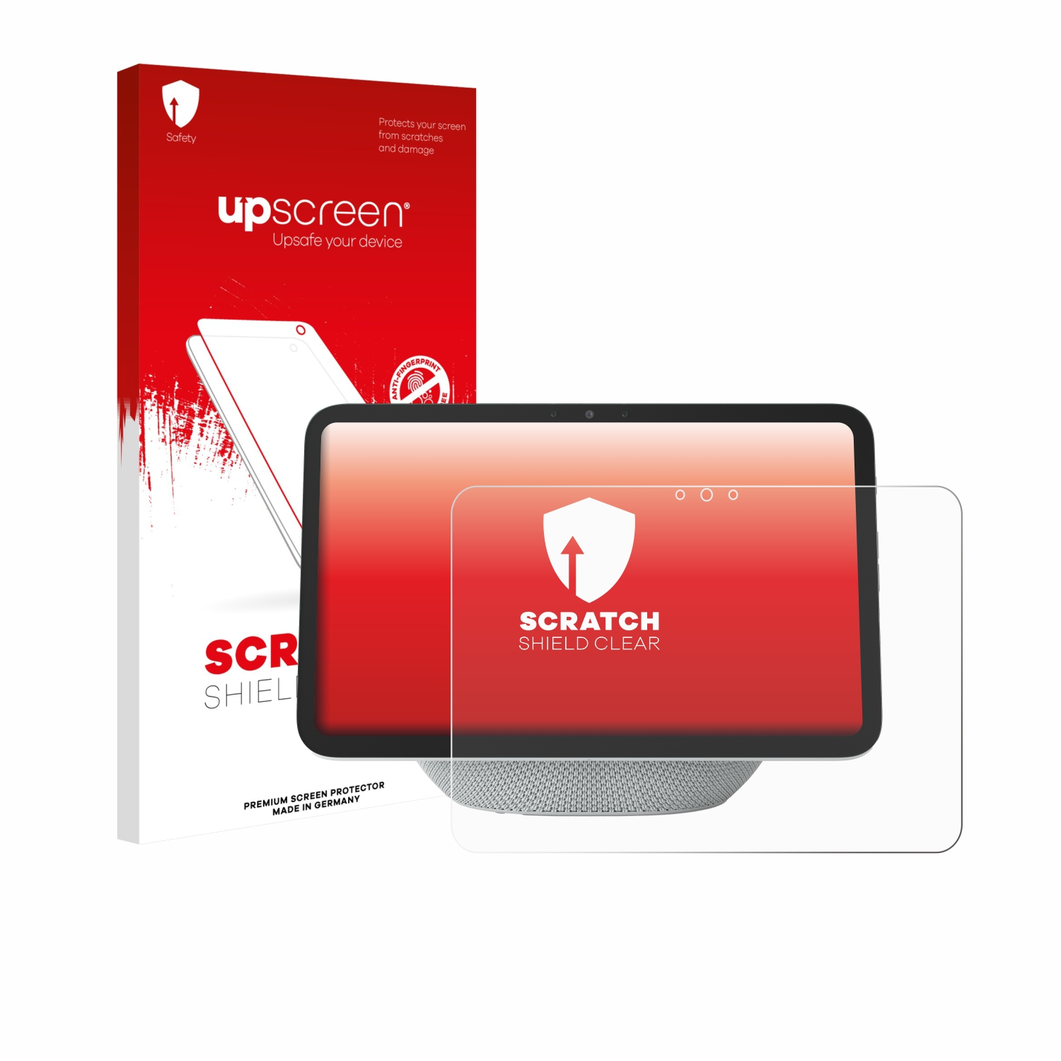 Ein Displayschutz-Kit mit Tablet und Verpackung. Box und Schutzfolie tragen Text, darunter 'upscreen' und 'Scratch Shield Clear'.