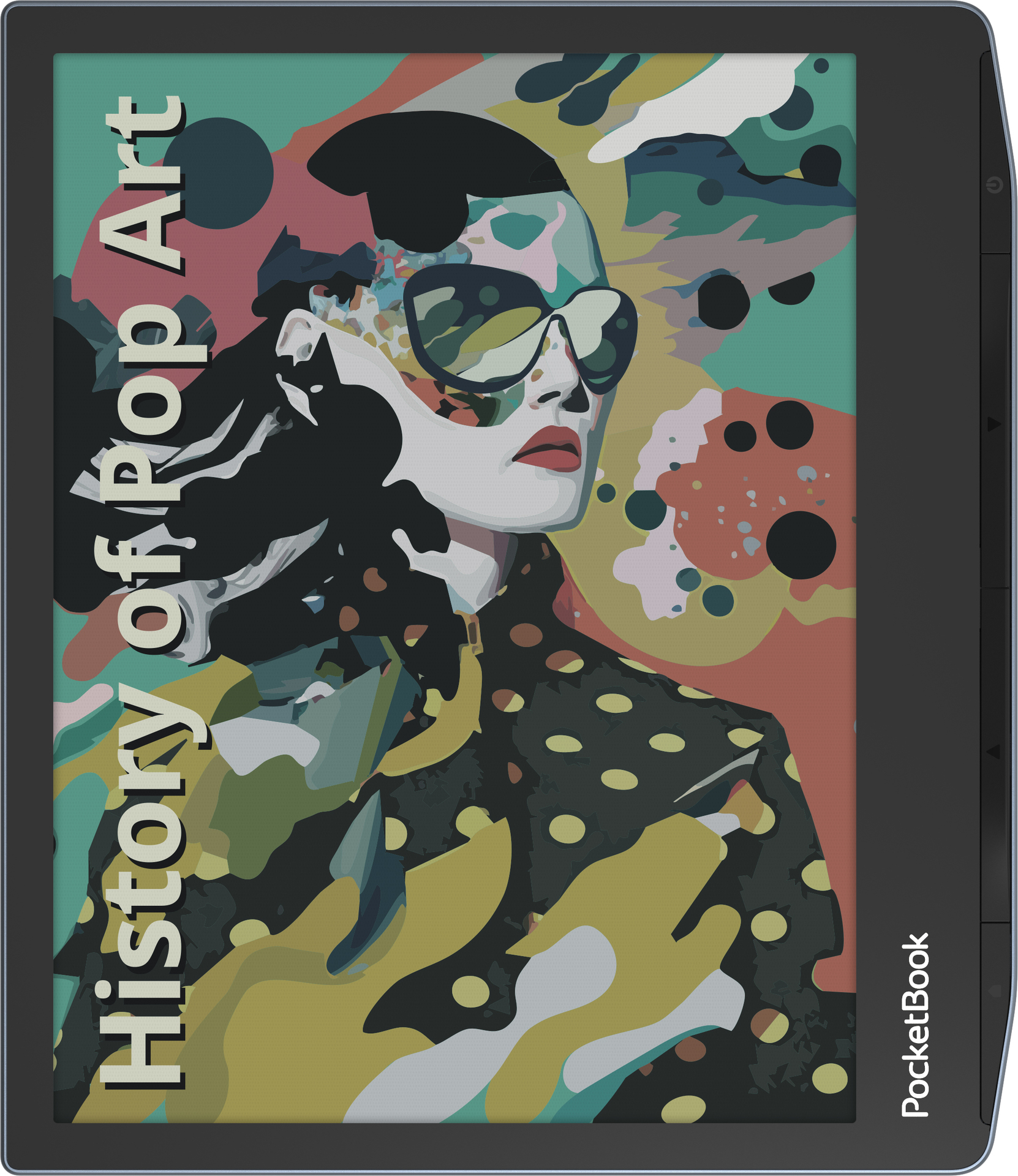 Czytnik e-booków wyświetla obraz pop-art kobiety w okularach przeciwsłonecznych. Tekst Historia Pop Art jest po lewej stronie.