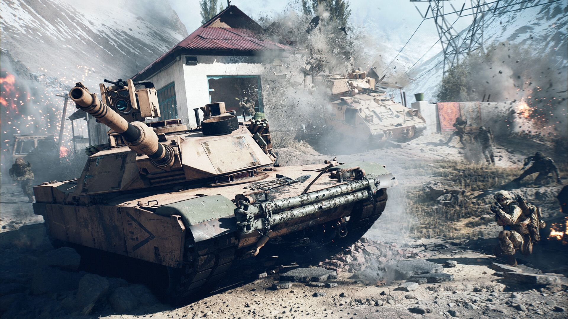 Een tank in een oorlogsscène. Gebouwen en soldaten zijn zichtbaar. Explosies en bergen op de achtergrond.