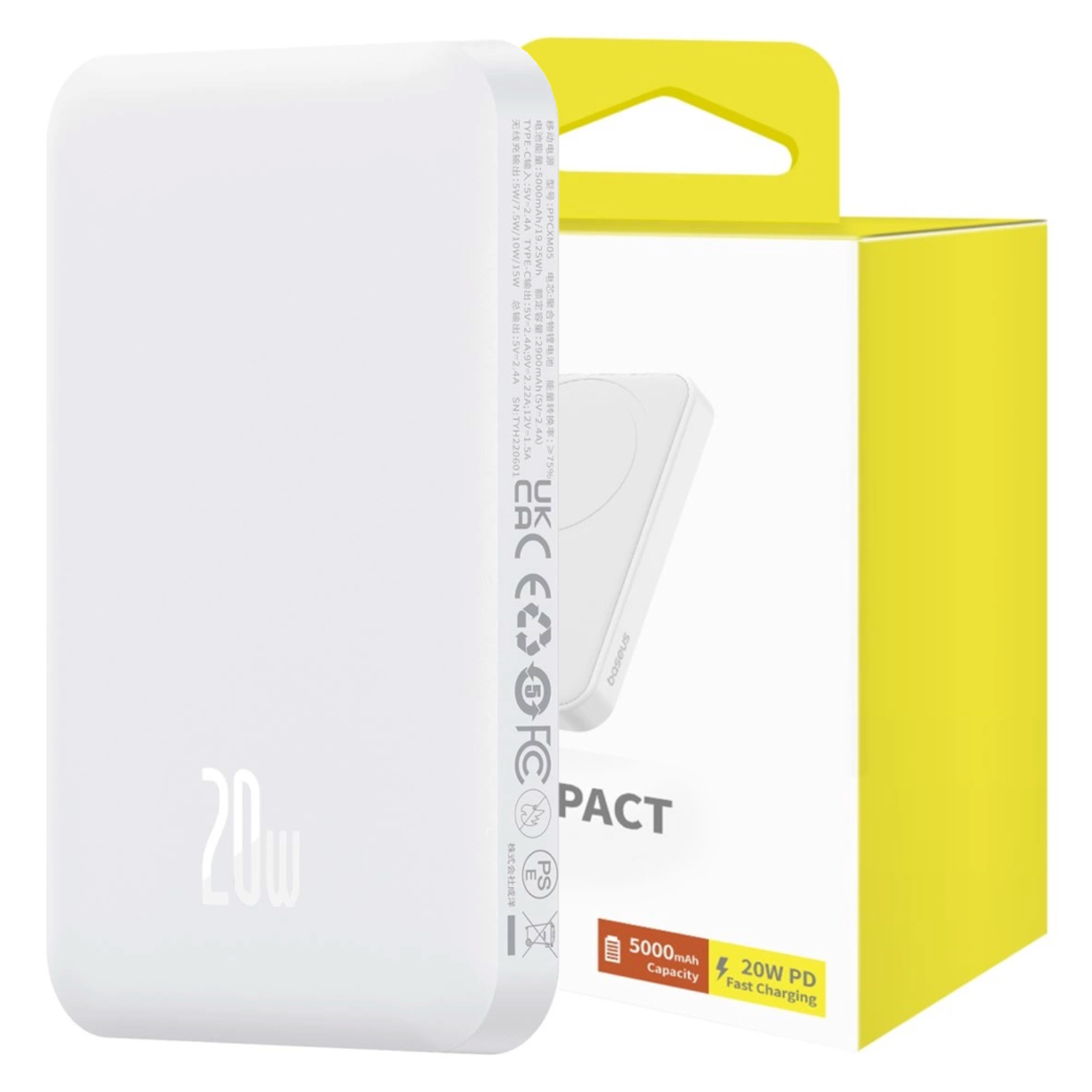 Biały power bank z tekstem 20W, obok żółto-białego pudełka. Pudełko pokazuje pojemność 5000mAh.