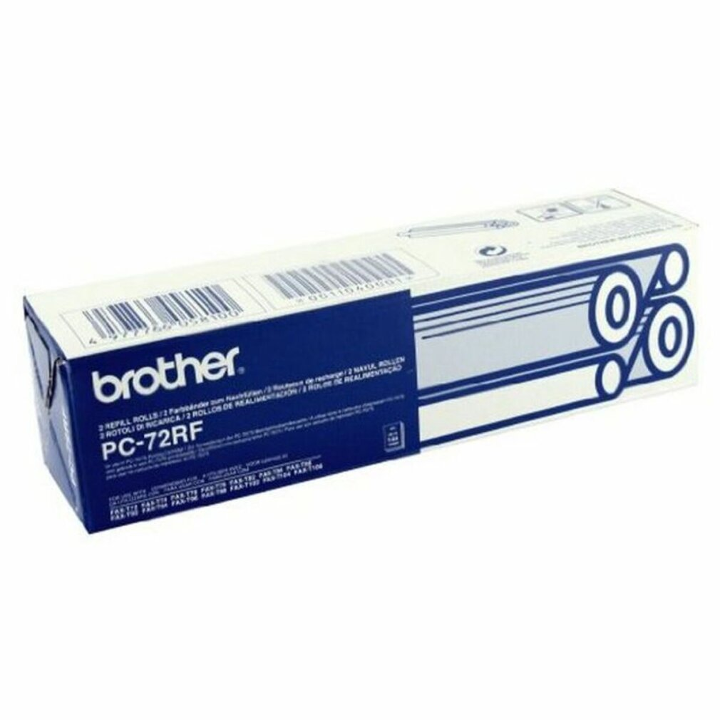 Eine Brother PC-72RF Nachfüllbox, weiß und blau, mit Text und Grafiken. Die Box ist rechteckig und hat ein Brother-Logo.
