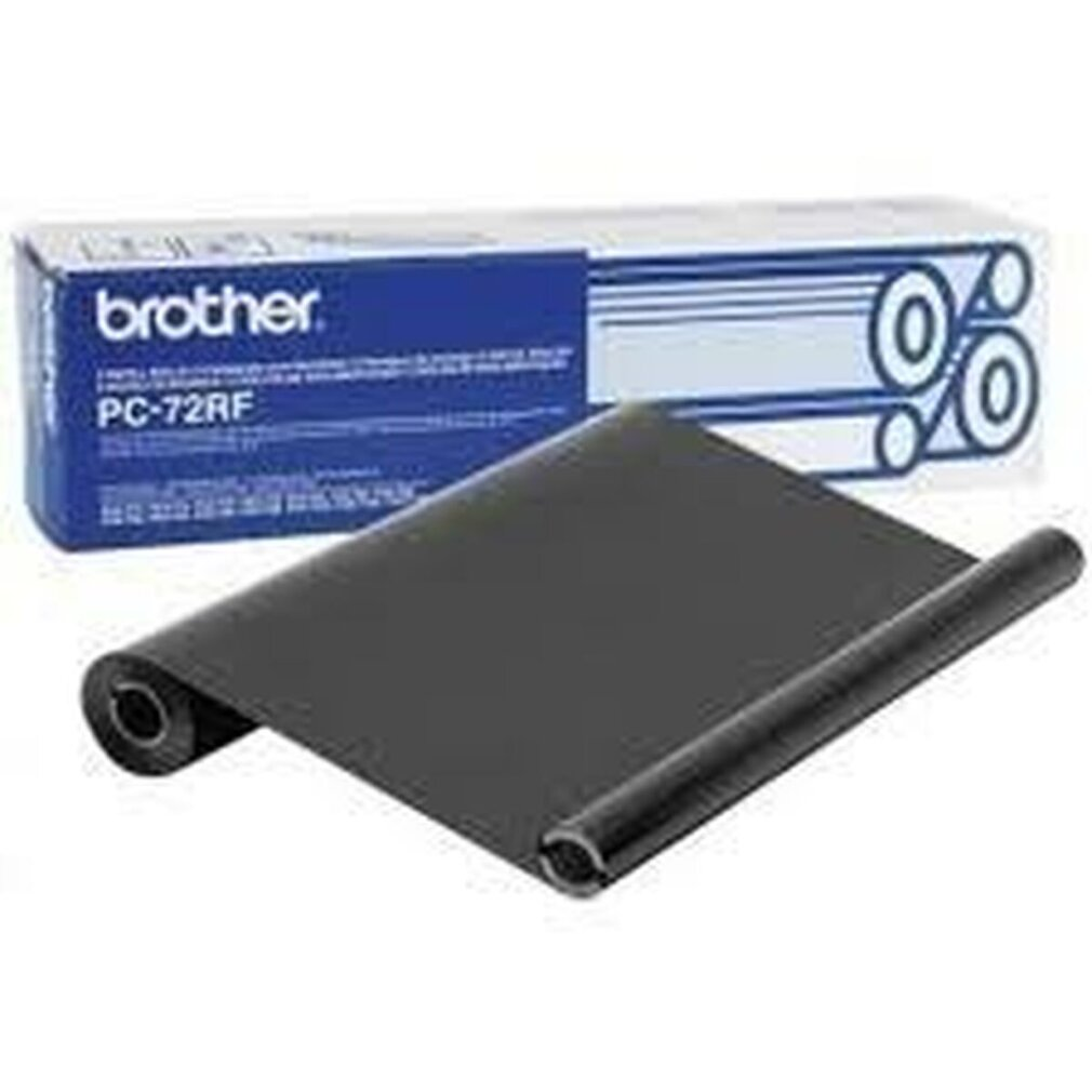 Eine Brother PC-72RF Rolle. Sie ist schwarz, mit einer blauen Box im Hintergrund.