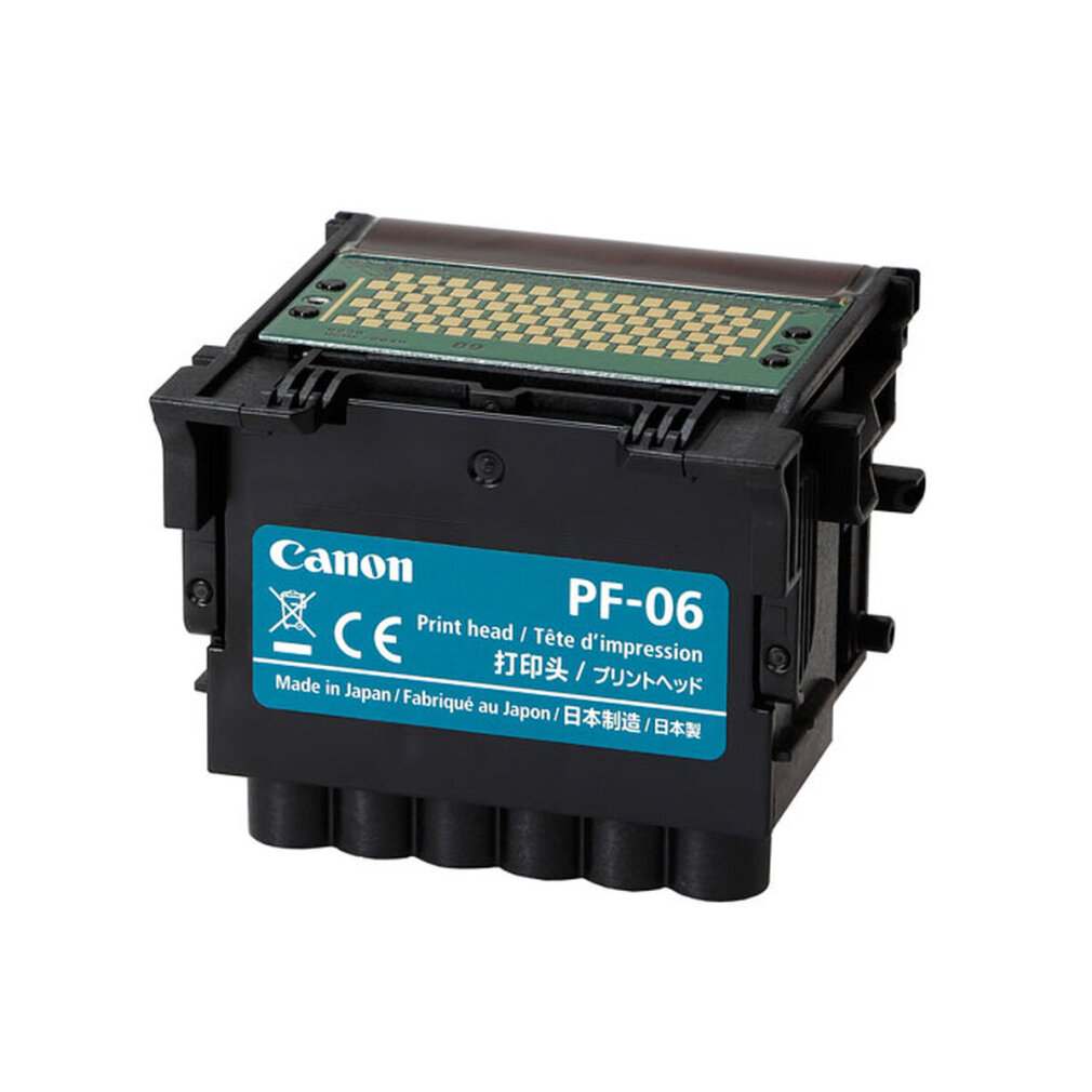 Viene mostrata una testina di stampa Canon PF-06. Ha un corpo nero con un'etichetta blu e una parte superiore verde.