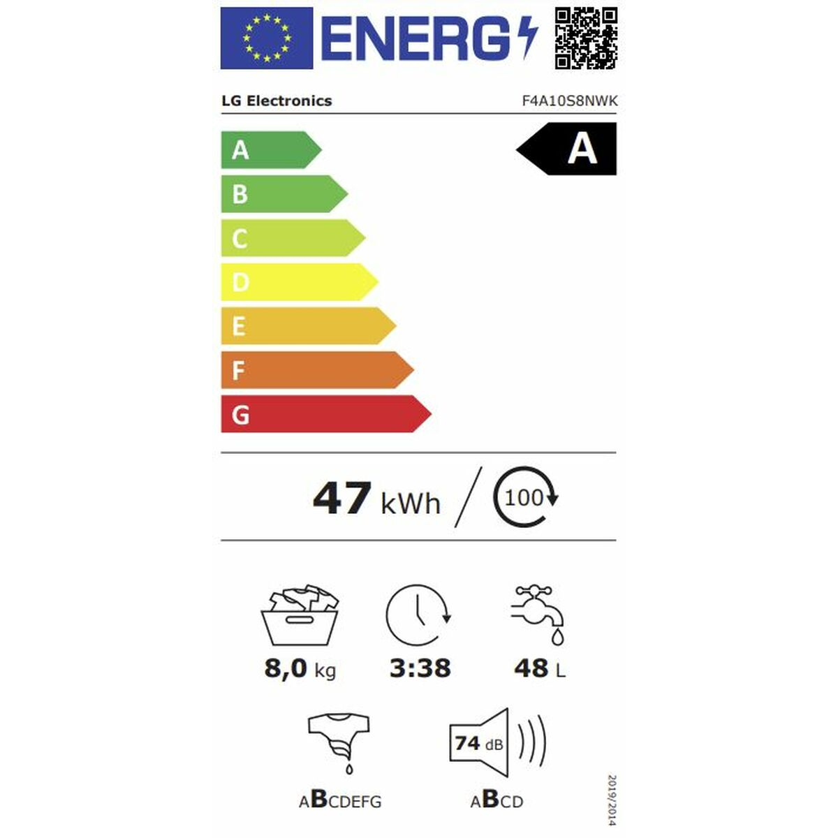 Etiqueta energética para lavadora. Muestra clase A, consumo eléctrico, uso de agua y nivel de ruido.
