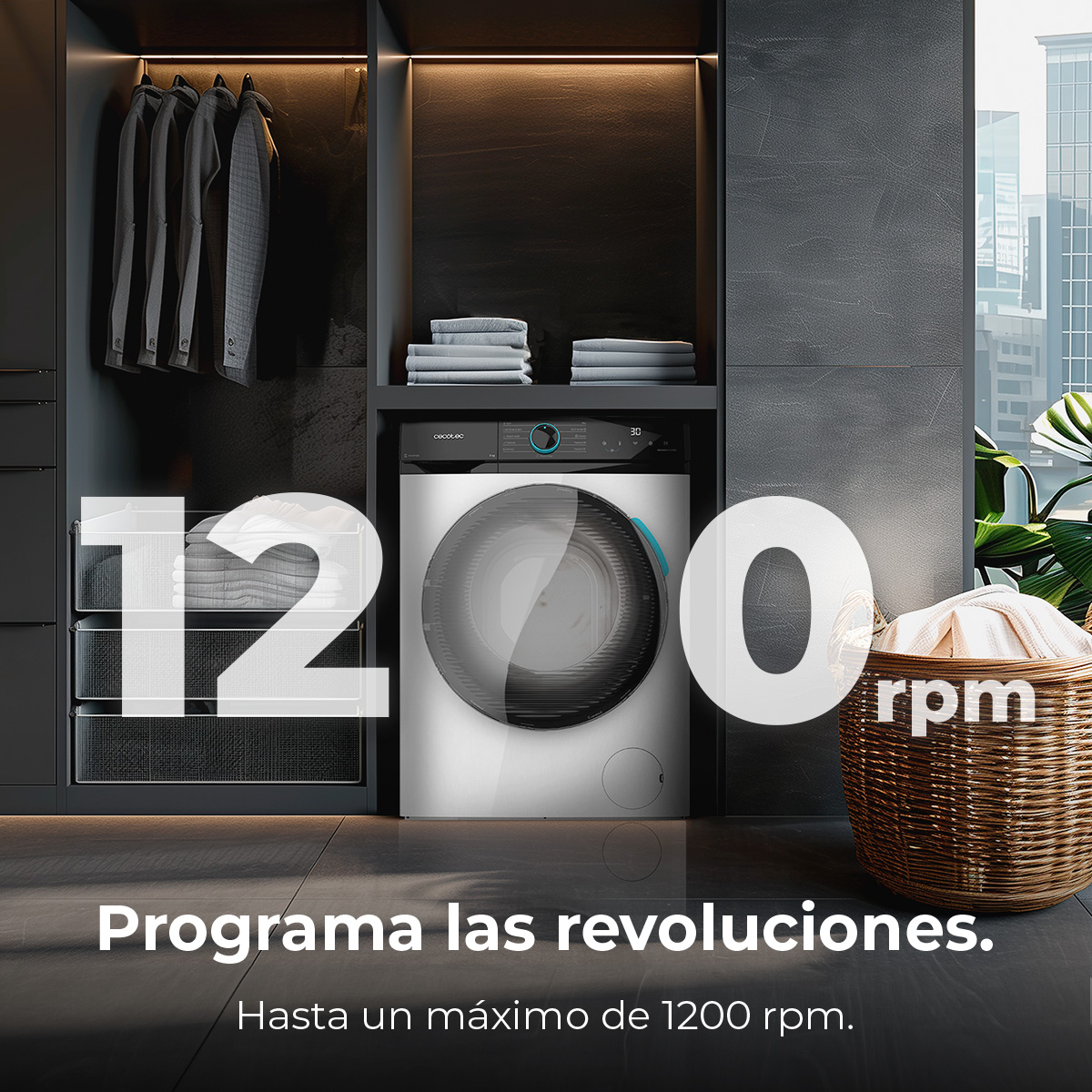 Una lavadora en un entorno moderno. Muestra el número 1200, que representa las RPM máximas. A la derecha, una cesta con ropa.