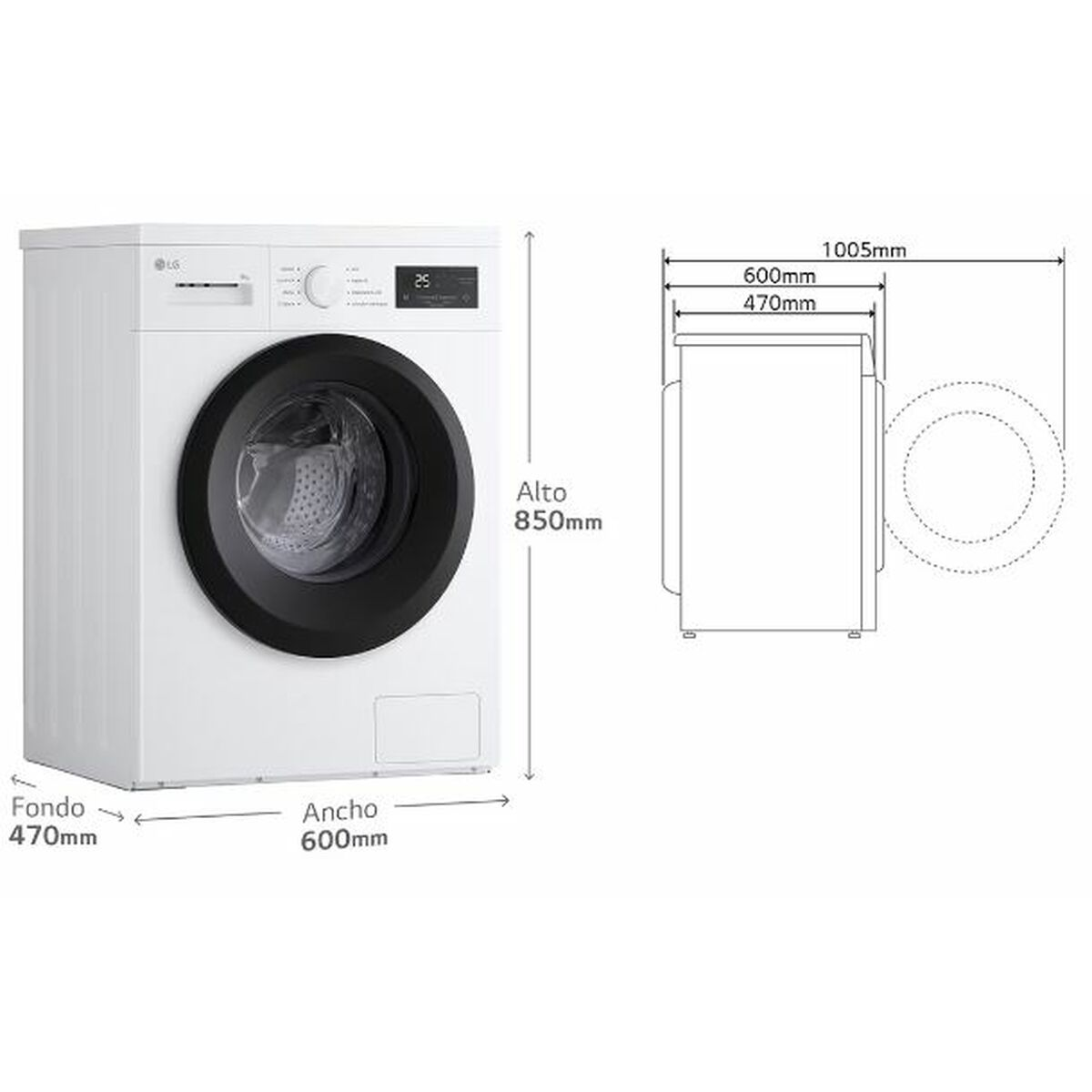 Una lavadora blanca con puerta negra. Se muestran las dimensiones: 850 mm de alto, 600 mm de ancho y 470 mm de profundidad. También se muestra una vista lateral.