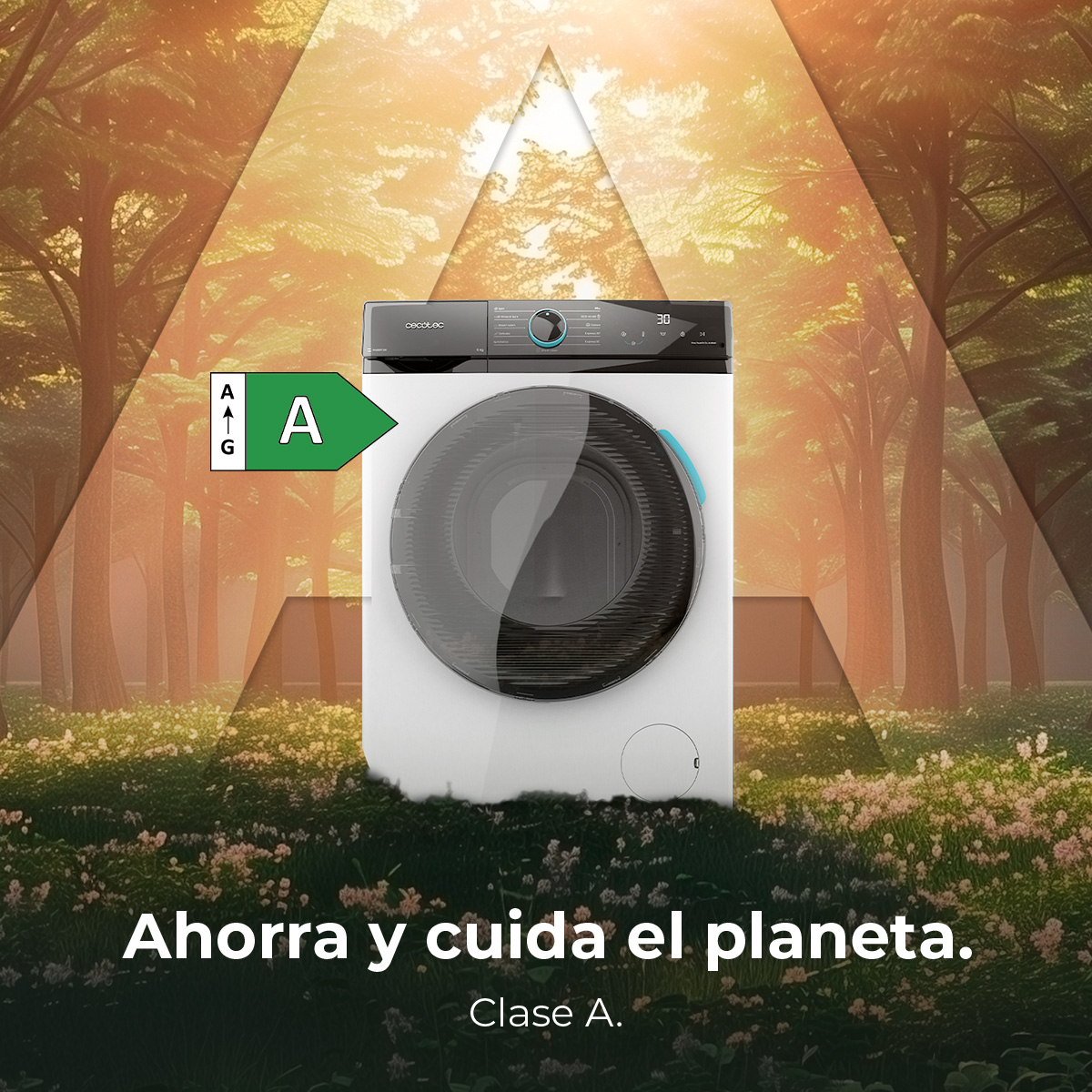 Una lavadora en un bosque con etiqueta de eficiencia energética. Texto: Ahorra y cuida el planeta.