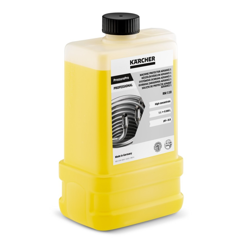 Bottiglia gialla Kärcher con tappo nero. Etichetta: PressurePro RM 110. Contiene liquido giallo.
