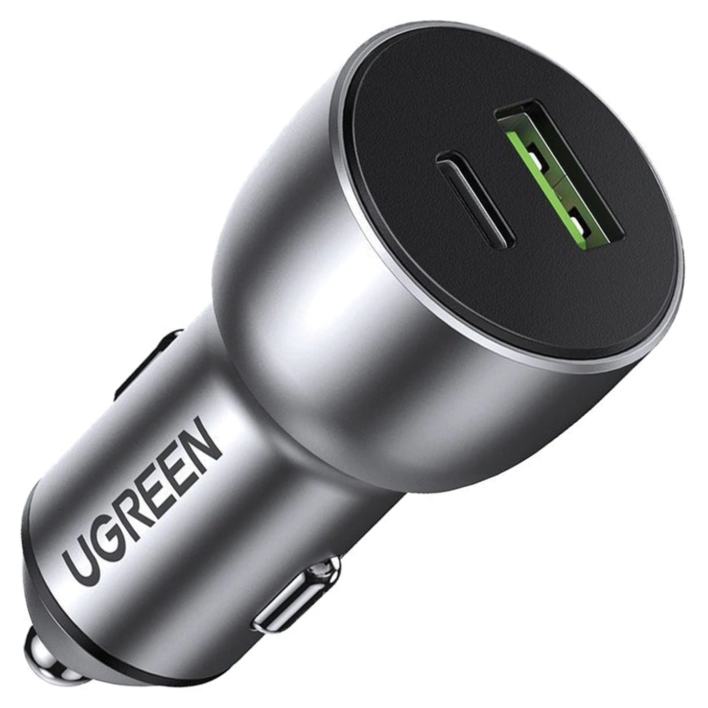 Srebrno-czarna ładowarka samochodowa UGREEN. Posiada port USB i port USB-C. Port USB jest zielony w środku.