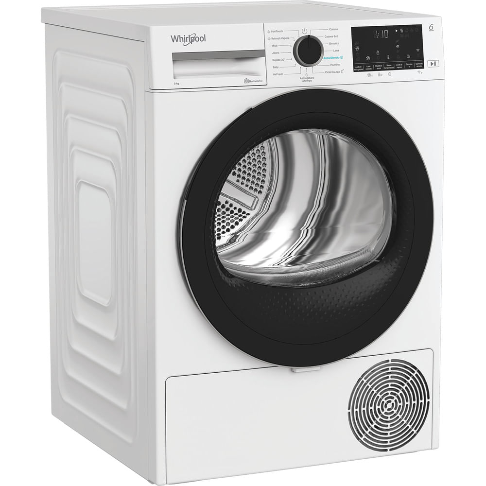 Un'asciugatrice Whirlpool bianca con porta e pannello di controllo neri. La porta è rotonda con interno in metallo. C'è uno sfogo in basso.