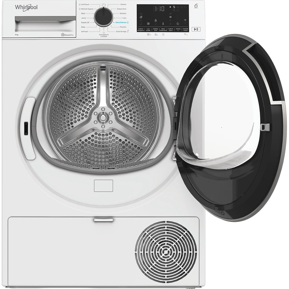 Un'asciugatrice Whirlpool bianca con la porta aperta. Il cestello è visibile e il pannello di controllo mostra varie impostazioni e un display digitale.