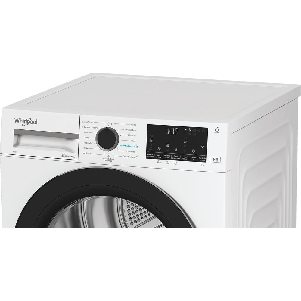 Un'asciugatrice Whirlpool bianca con porta nera. Ha un pannello di controllo con pulsanti e un display digitale che mostra l'ora.
