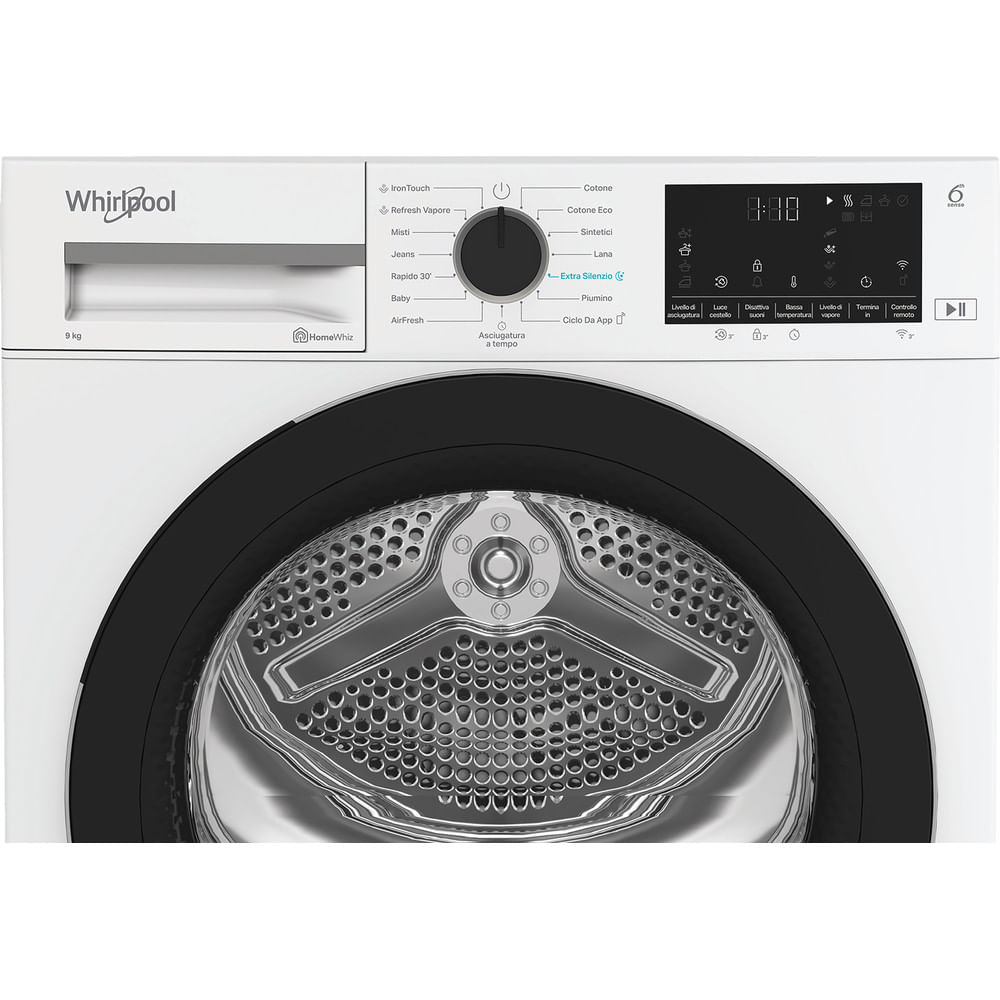 Un'asciugatrice Whirlpool bianca con pannello di controllo, display e quadrante rotante. La porta è nera e il cestello metallico.