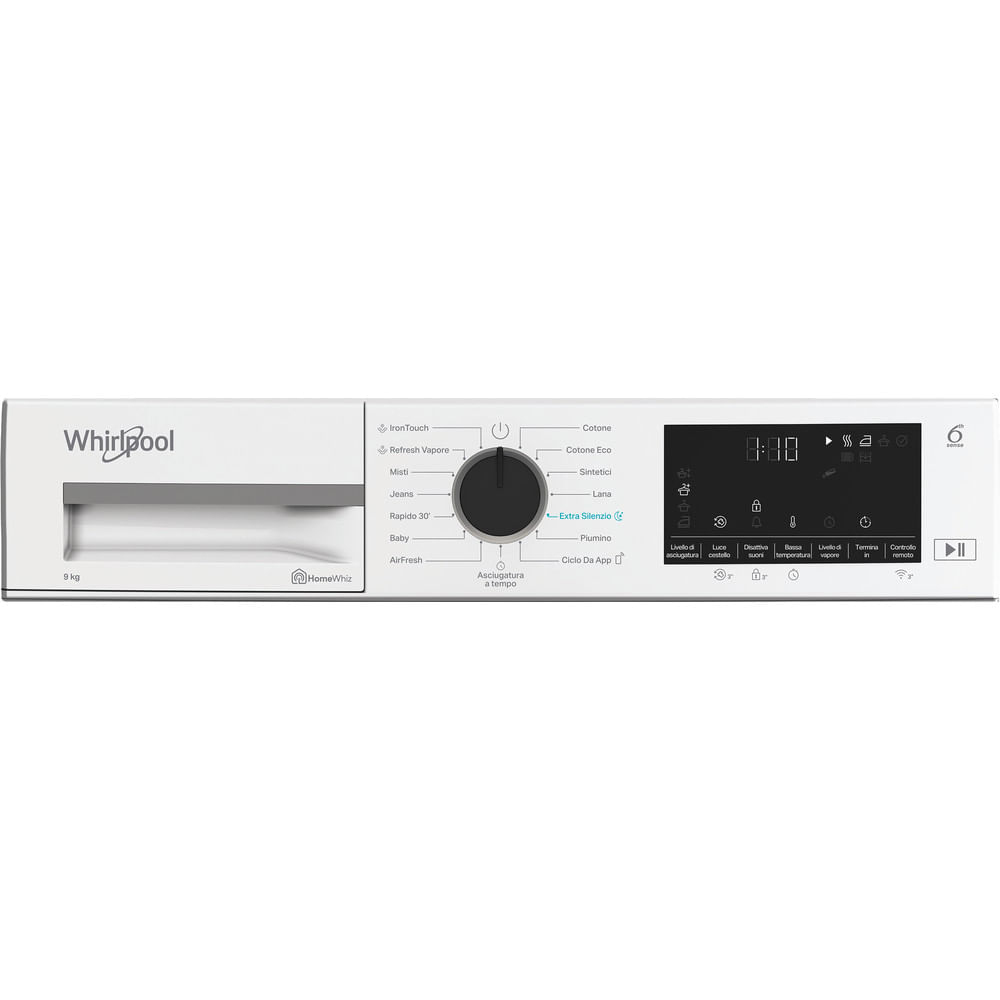 Pannello comandi lavatrice Whirlpool bianco con manopola centrale, display digitale e varie opzioni di programma.