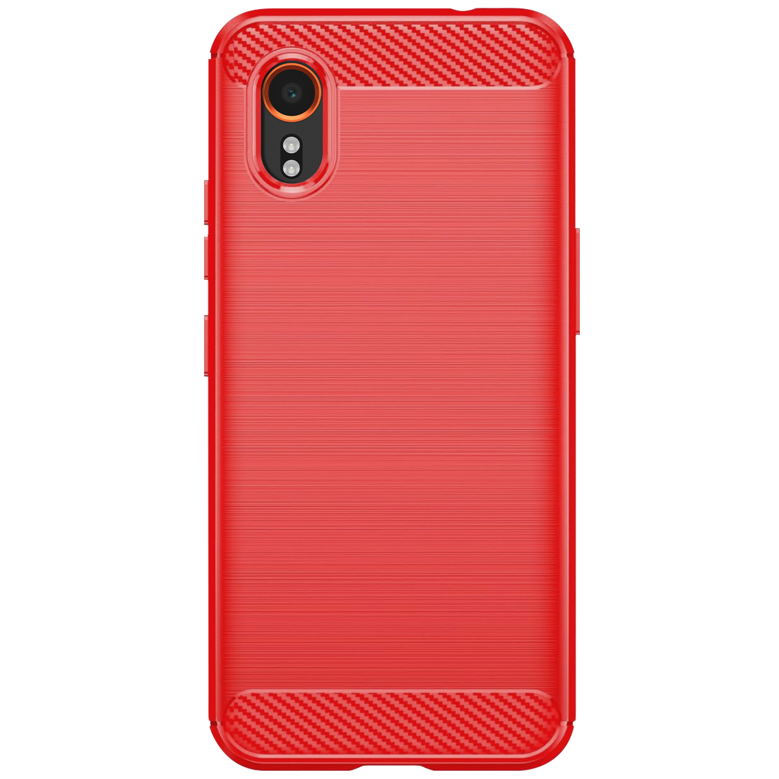 Una cover rossa per telefono con intaglio fotocamera, superficie strutturata e accenti in fibra di carbonio.