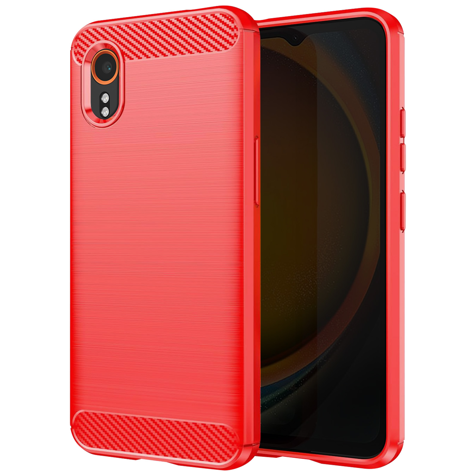 Custodia rossa per telefono con telefono all'interno. La custodia ha un retro strutturato e un ritaglio per la fotocamera.