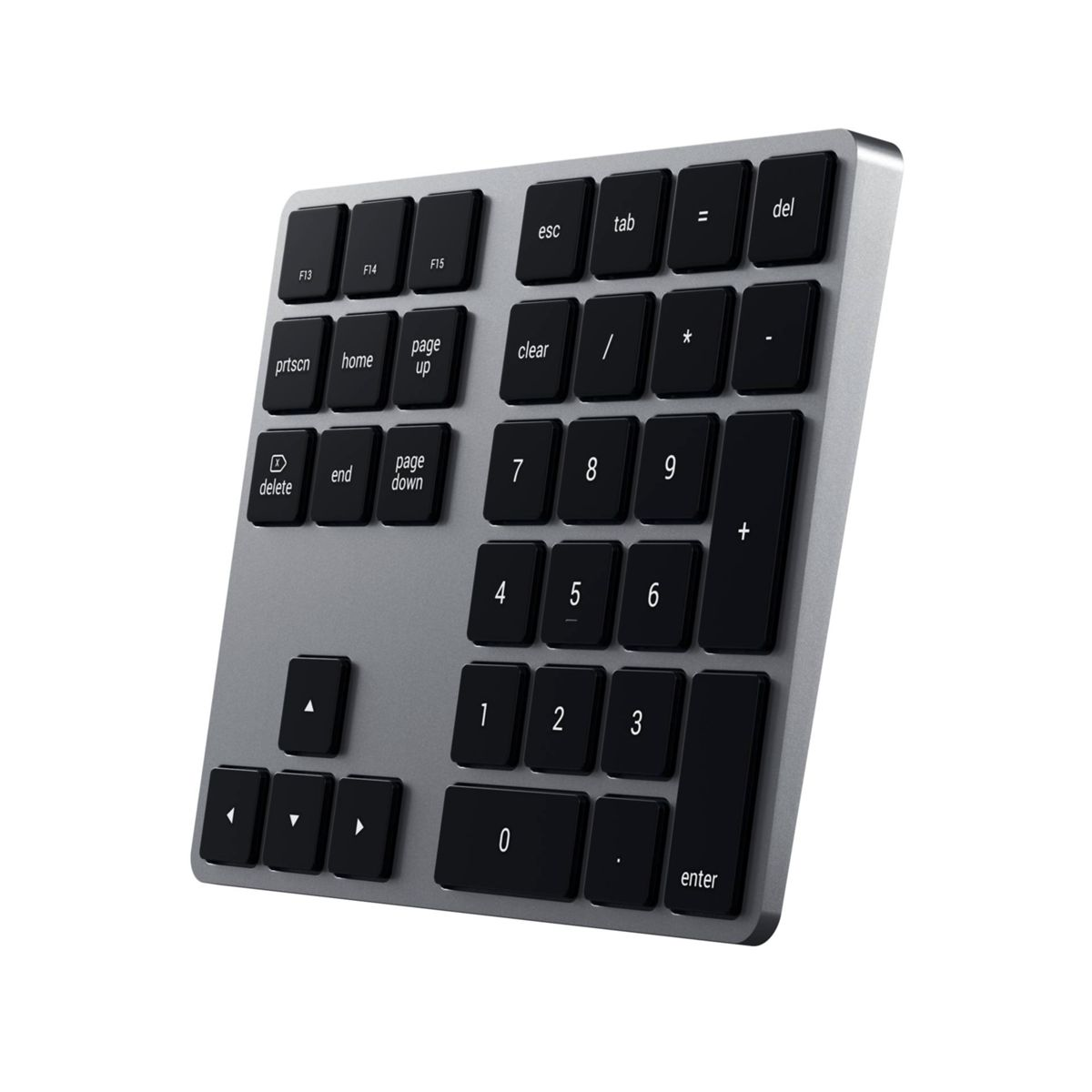 Nahaufnahme einer silbernen numerischen Tastatur mit schwarzen Tasten. Sie enthält Funktionstasten, Zifferntasten und Navigationstasten. Die Tastatur ist isoliert.