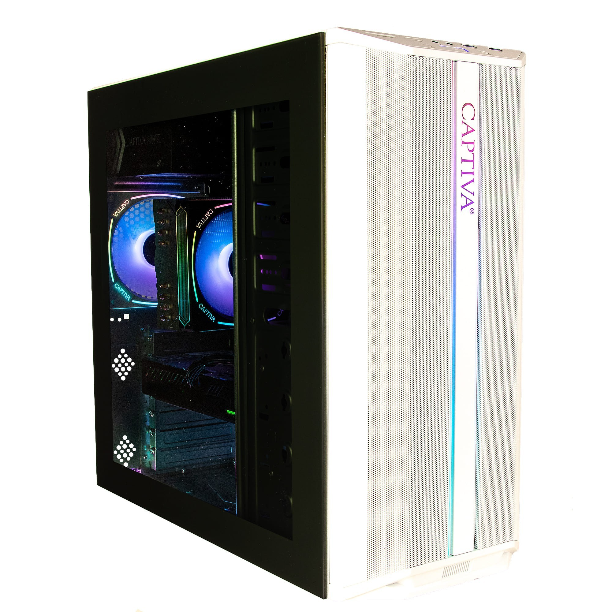 Un boîtier d'ordinateur blanc avec un panneau latéral en verre. Le boîtier a des ventilateurs avec des lumières bleues et violettes, et le mot CAPTIVA.
