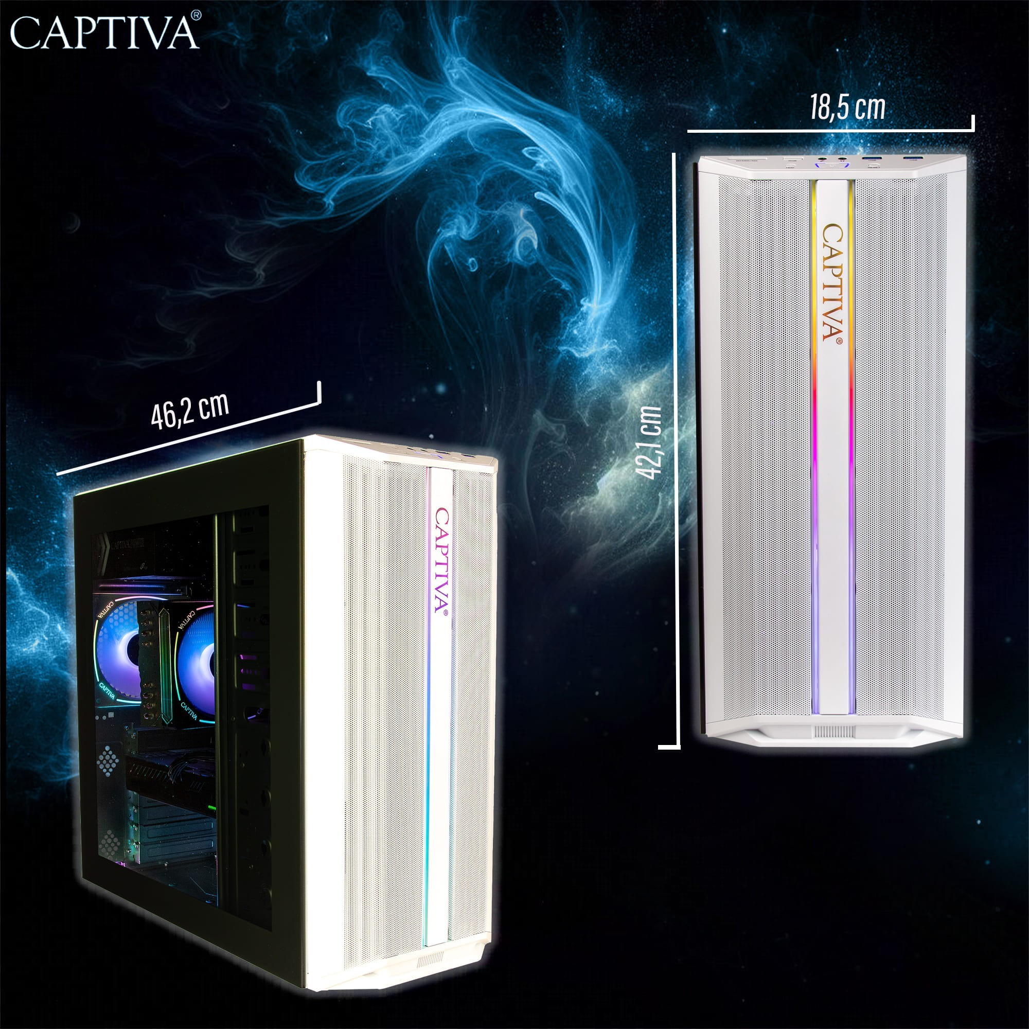 Due case per PC Captiva, una aperta che mostra i componenti, l'altra chiusa. Le dimensioni sono visualizzate. Sfondo nebulosa blu.