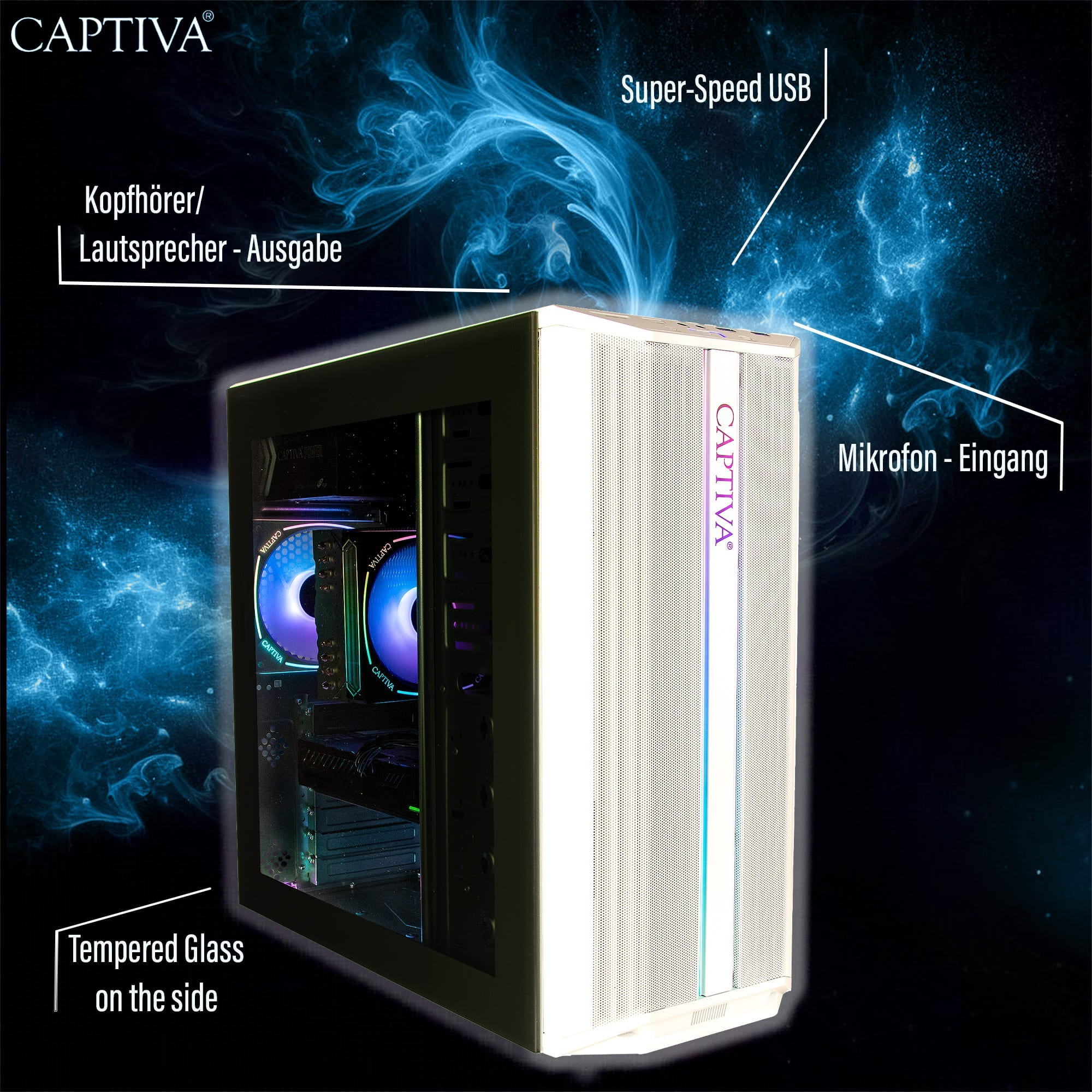 Un case per computer bianco con pannello laterale in vetro, con etichette per USB, microfono e cuffie. Effetto fumo blu.