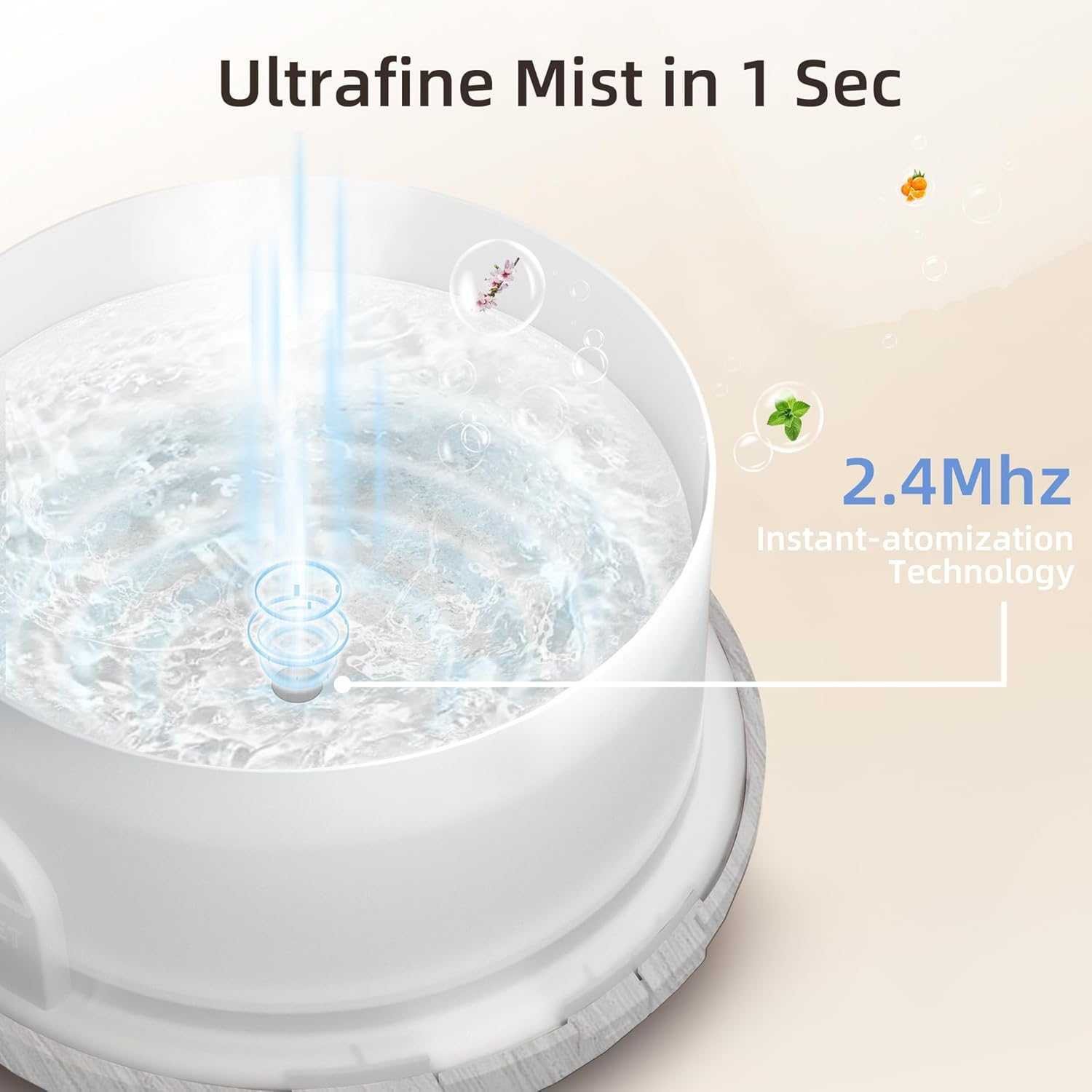 Ein weißer Luftbefeuchter, der Nebel nach oben ausstößt. Der Text lautet 'Ultrafine Mist in 1 Sek.' und '2,4 MHz Sofort-Atomisierungstechnologie'.