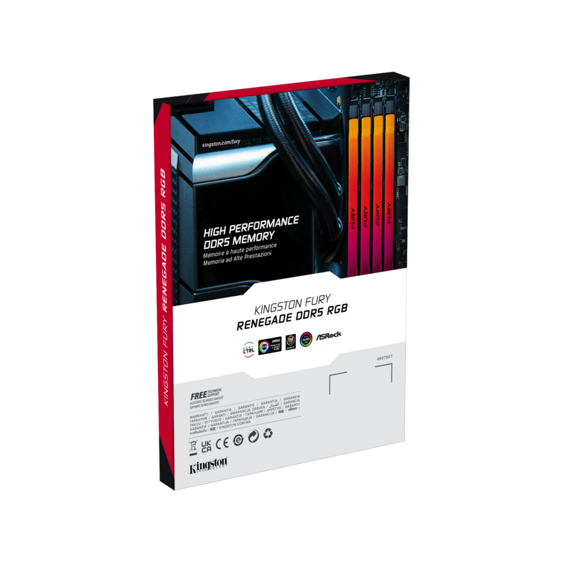 Pudełko pamięci Kingston Fury Renegade DDR5 RGB. Zawiera tekst, logo i zdjęcie modułów pamięci w kolorach czerwonym i pomarańczowym.