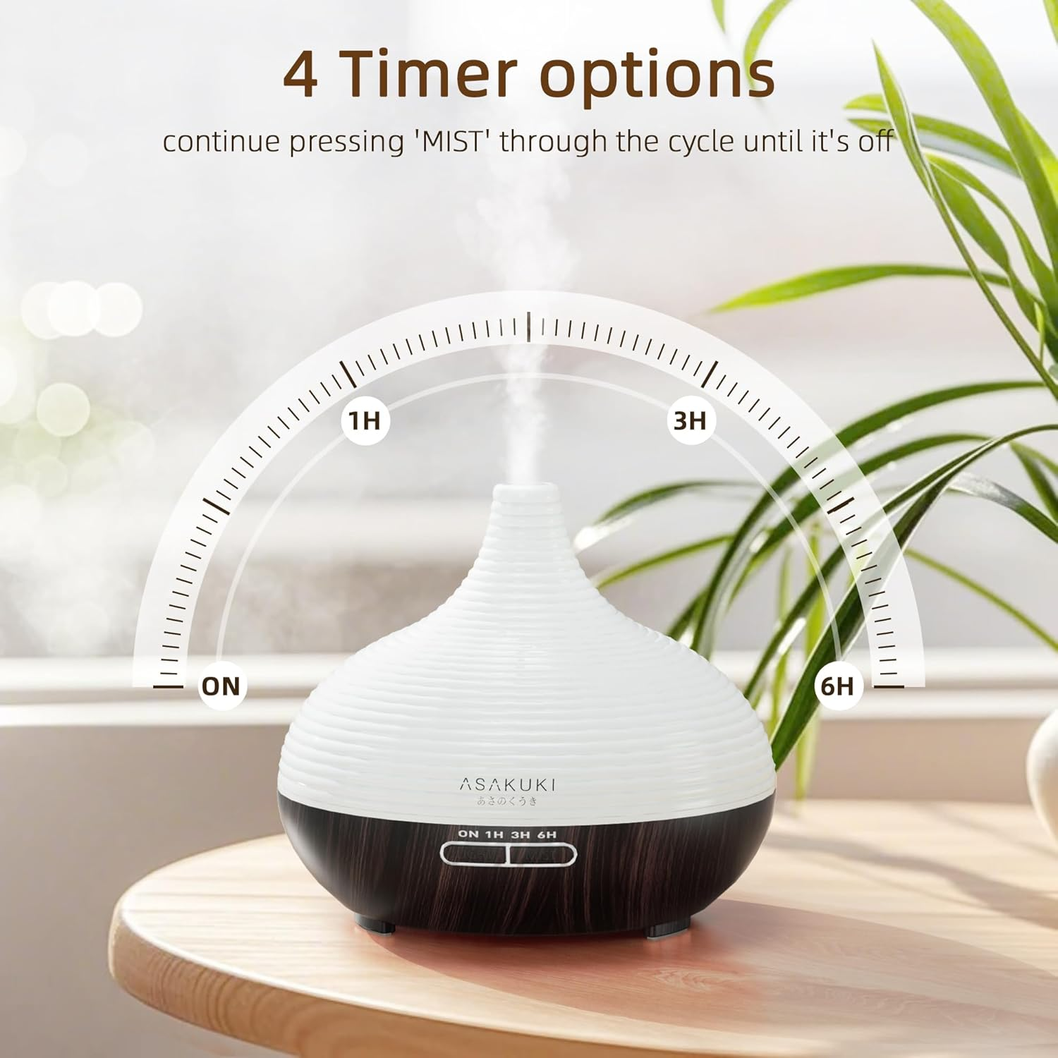 Weißer und brauner Aroma-Diffusor auf einem Holztisch mit Timer-Optionen. Grüne Pflanze im Hintergrund.