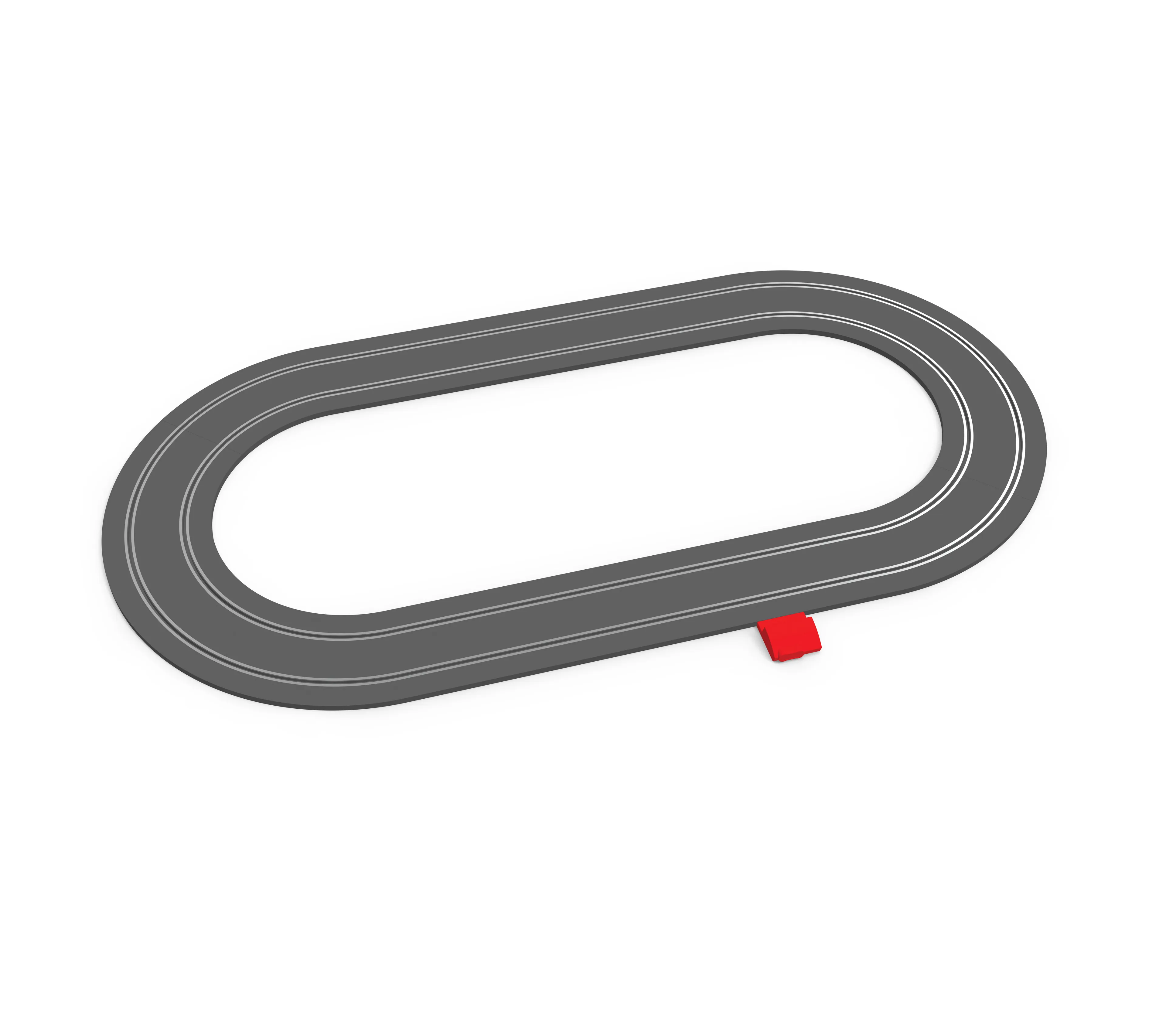 Una pista de carreras gris en forma ovalada con un bloque rojo en el lado derecho. Fondo blanco.